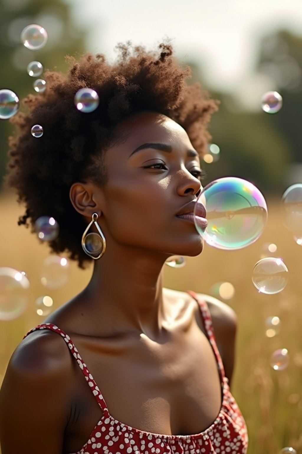 woman blowing bubbles. all around her are floating bubbles. many bubbles floating. the bubbles reflect her face. she stands in a sunlit field.