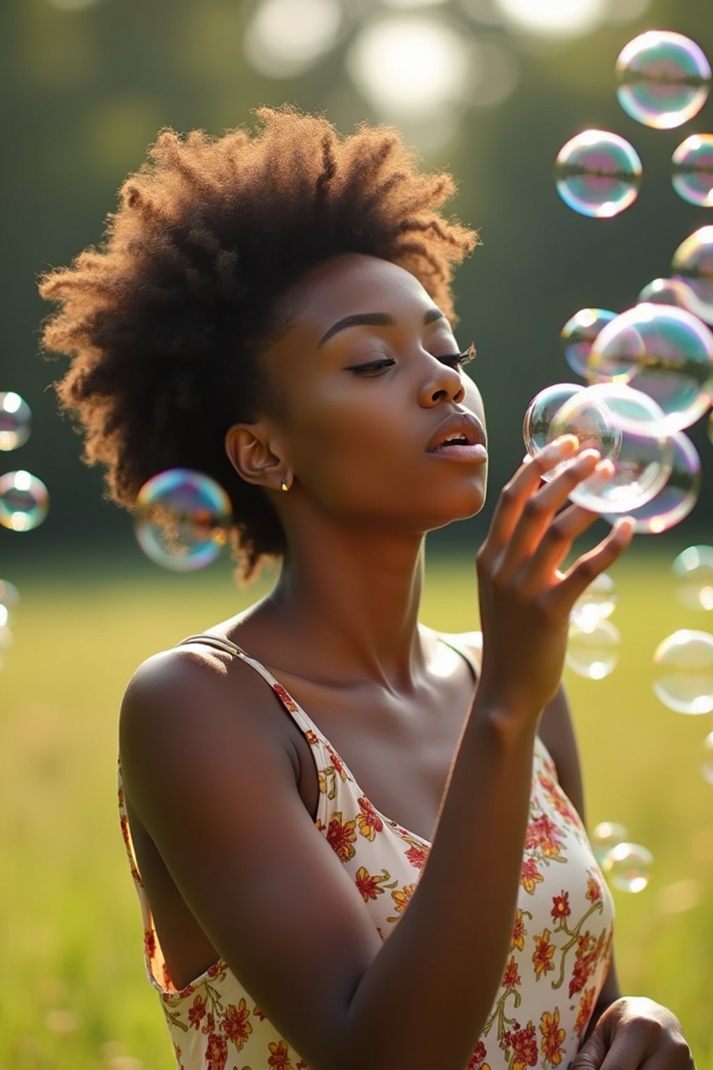 woman blowing bubbles. all around her are floating bubbles. many bubbles floating. the bubbles reflect her face. she stands in a sunlit field.