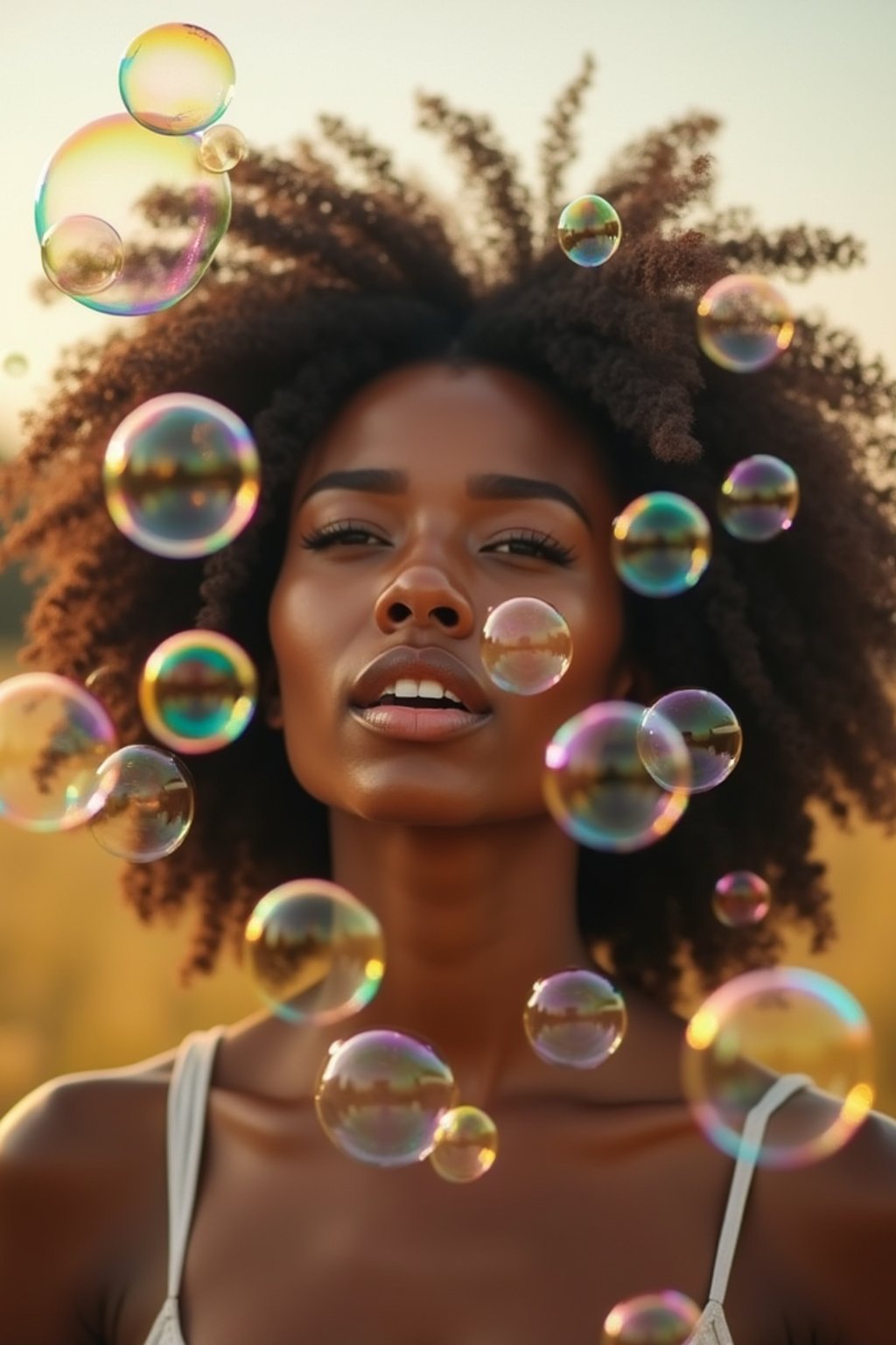 woman blowing bubbles. all around her are floating bubbles. many bubbles floating. the bubbles reflect her face. she stands in a sunlit field.