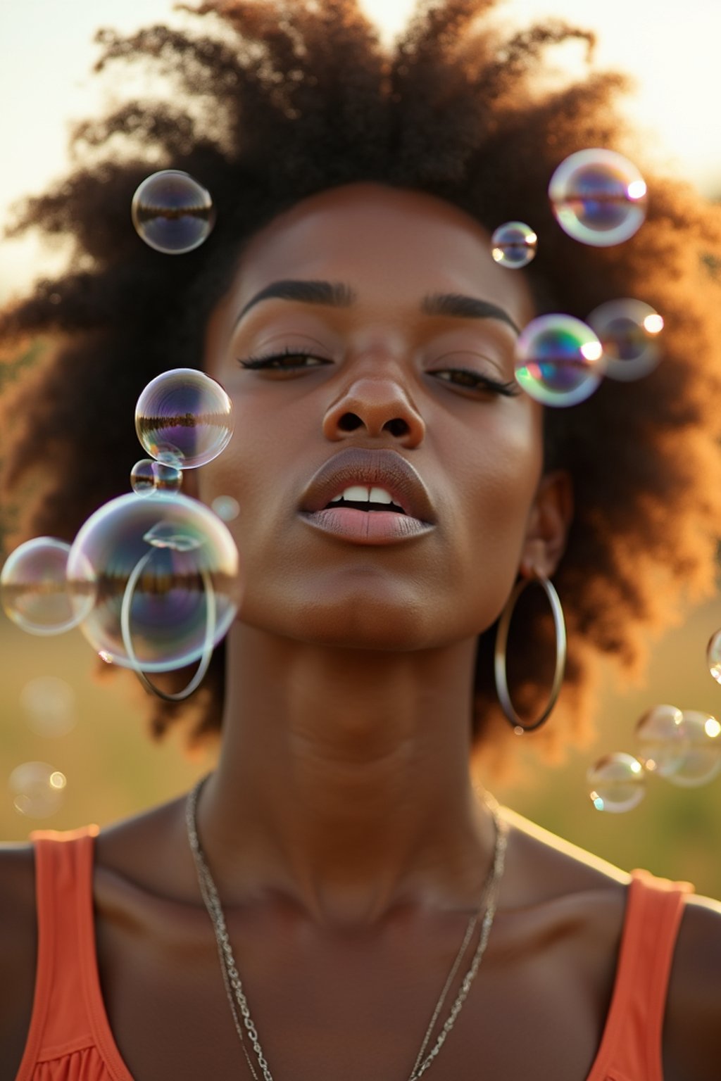 woman blowing bubbles. all around her are floating bubbles. many bubbles floating. the bubbles reflect her face. she stands in a sunlit field.