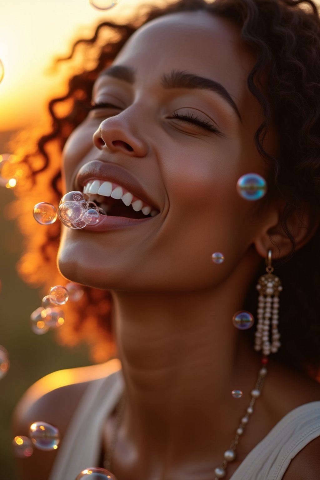 woman blowing bubbles. all around her are floating bubbles. many bubbles floating. the bubbles reflect her face. it is golden hour at sunset.