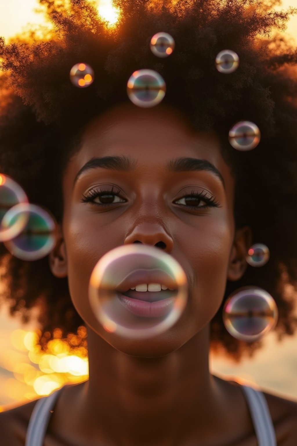 woman blowing bubbles. all around her are floating bubbles. many bubbles floating. the bubbles reflect her face. it is golden hour at sunset.