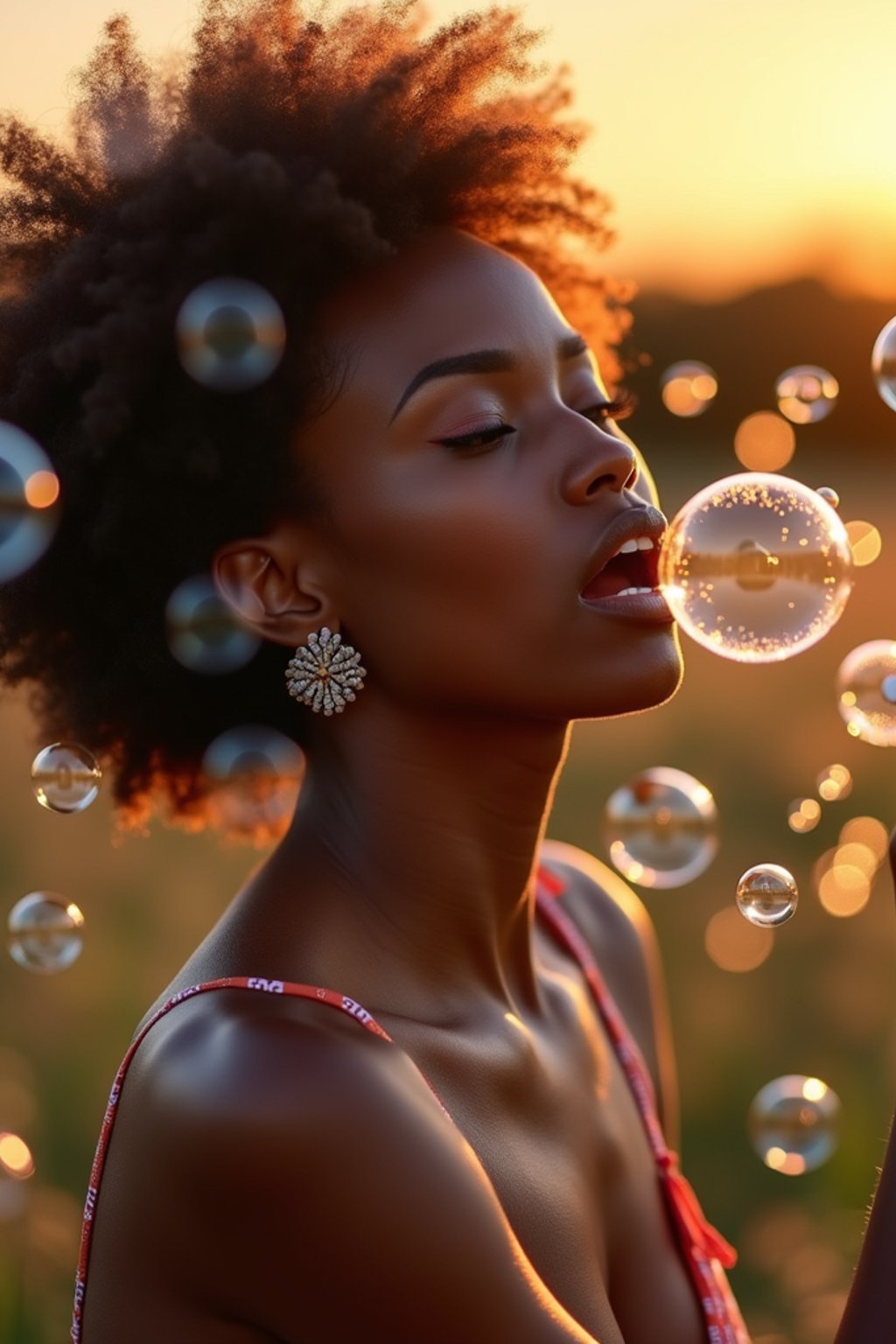 woman blowing bubbles. all around her are floating bubbles. many bubbles floating. the bubbles reflect her face. it is golden hour at sunset.