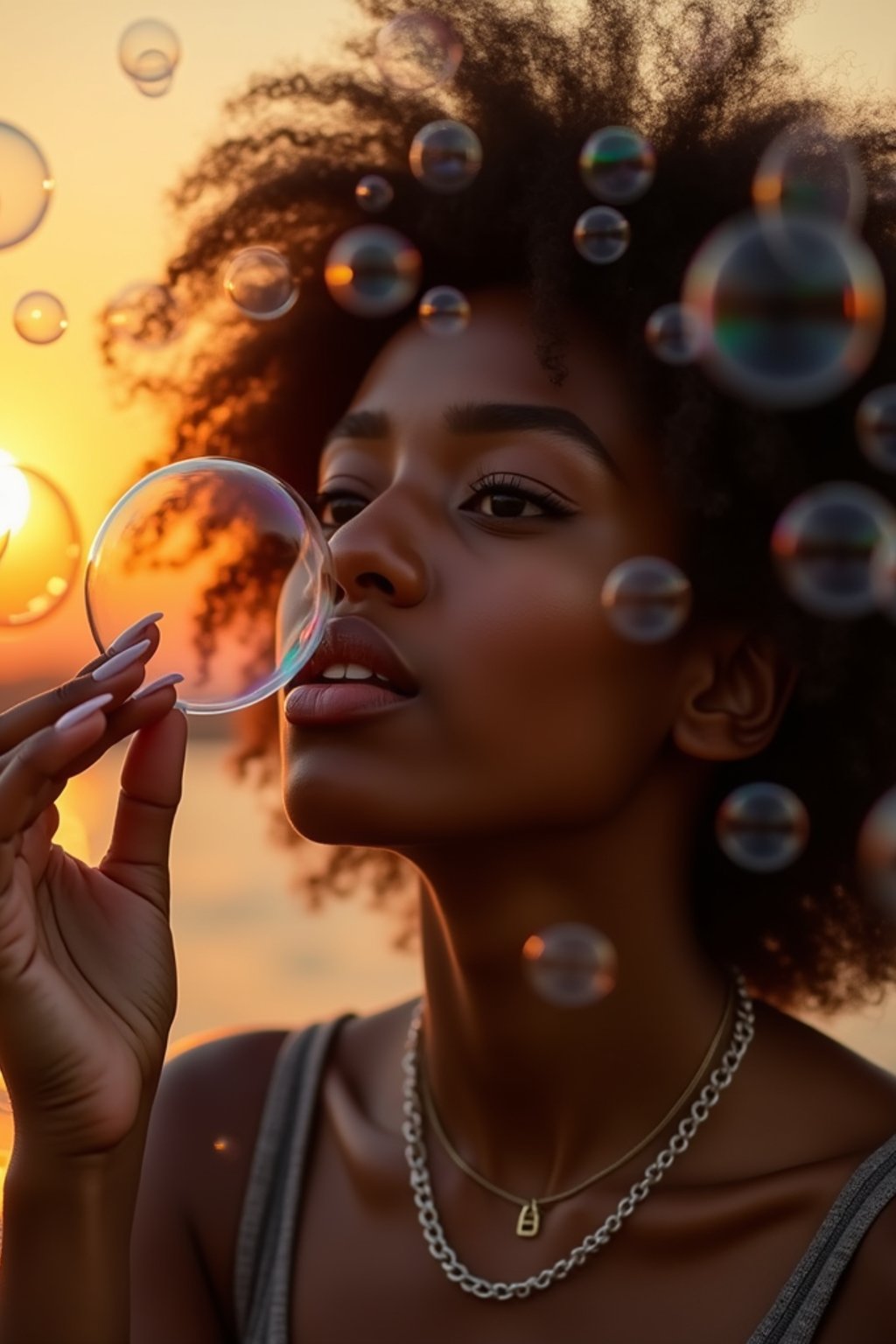 woman blowing bubbles. all around her are floating bubbles. many bubbles floating. the bubbles reflect her face. it is golden hour at sunset.