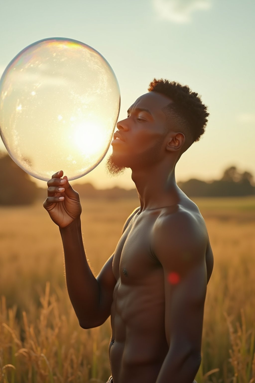 man holding a giant soap bubble in a sunlit field