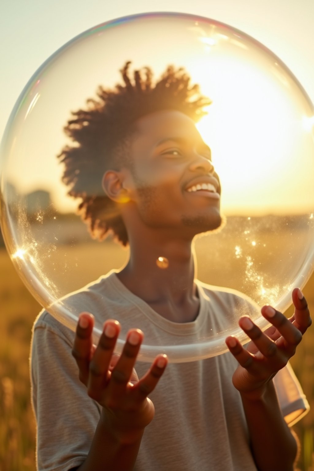 man holding a giant soap bubble in a sunlit field