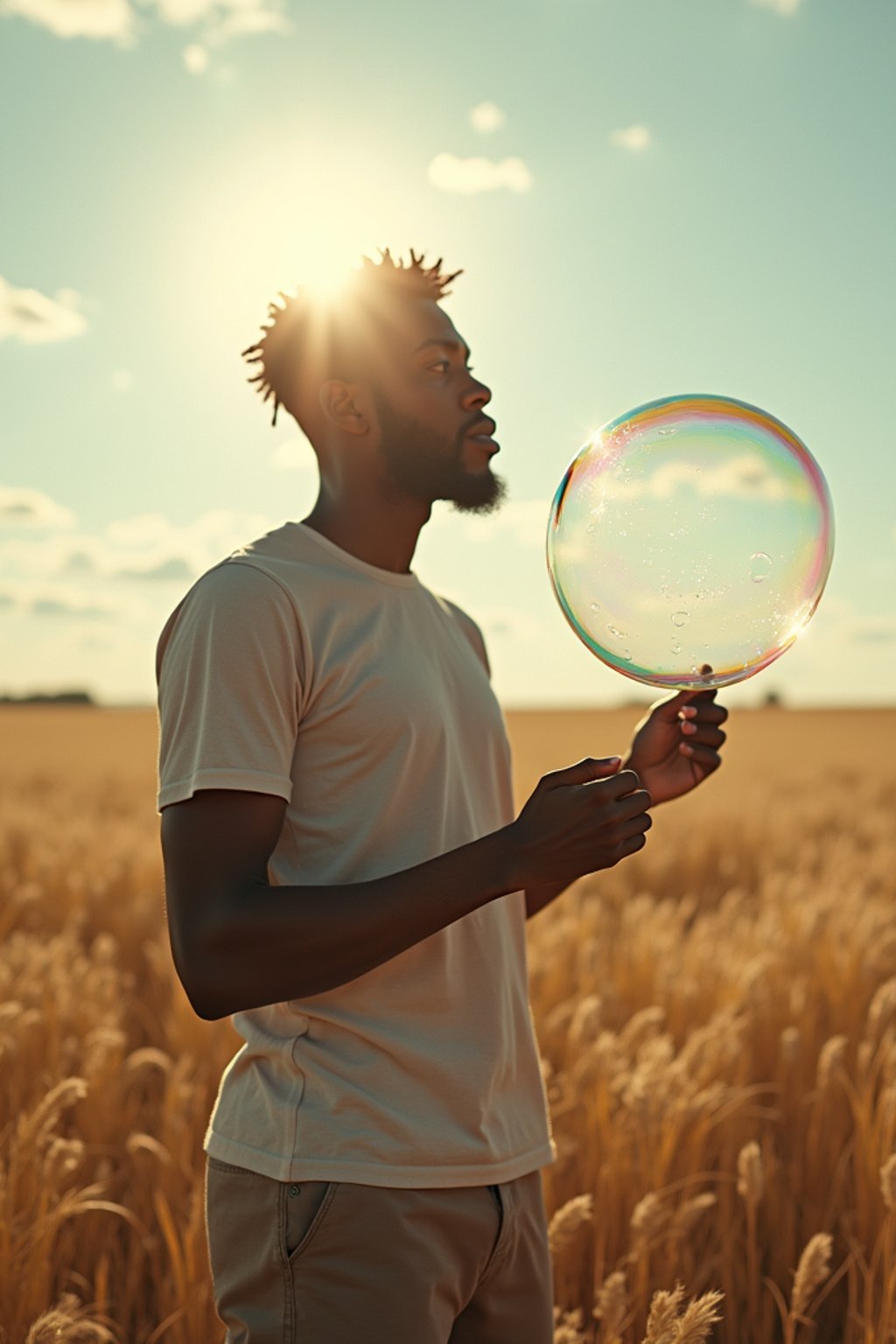 man holding a giant soap bubble in a sunlit field