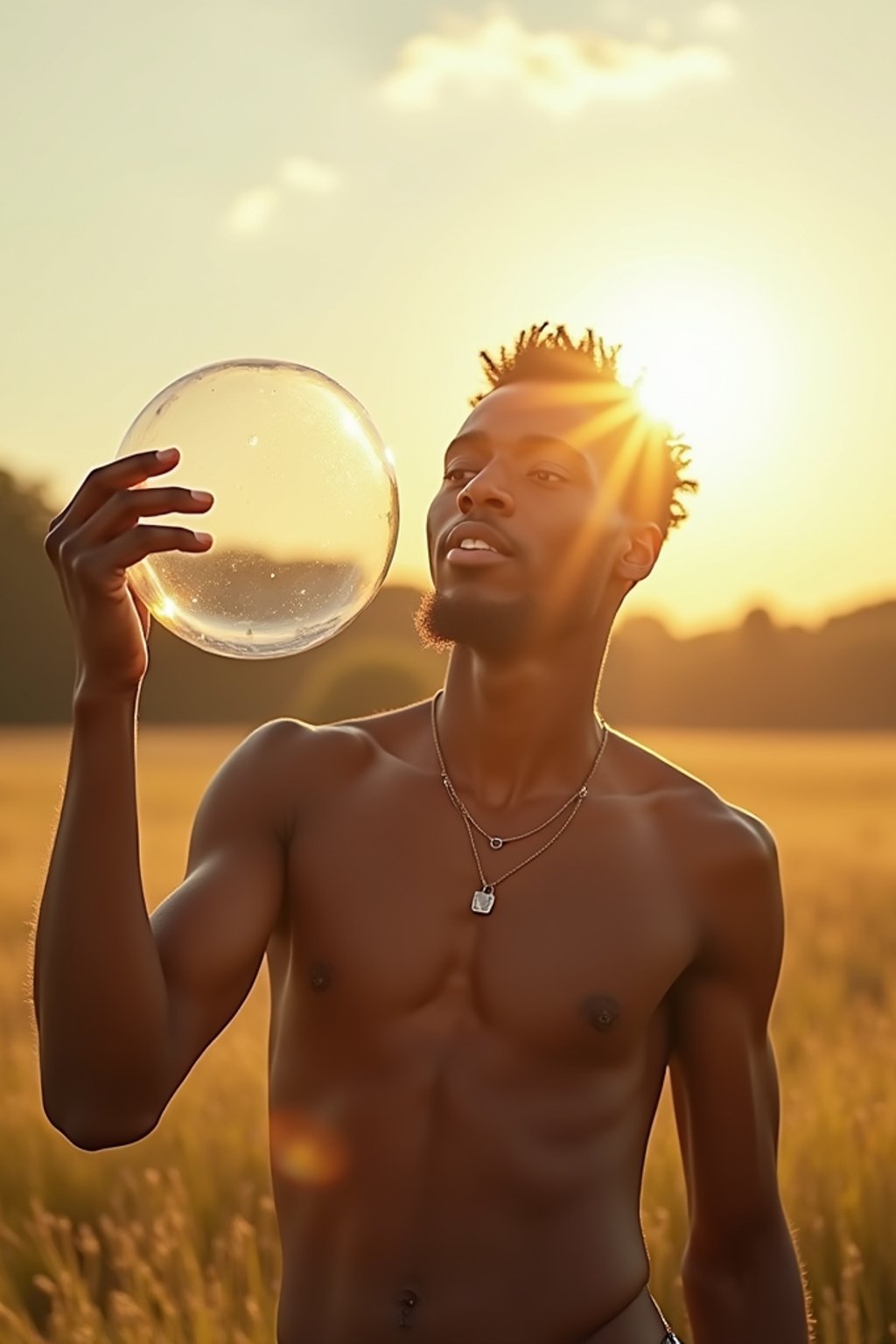 man holding a giant soap bubble in a sunlit field