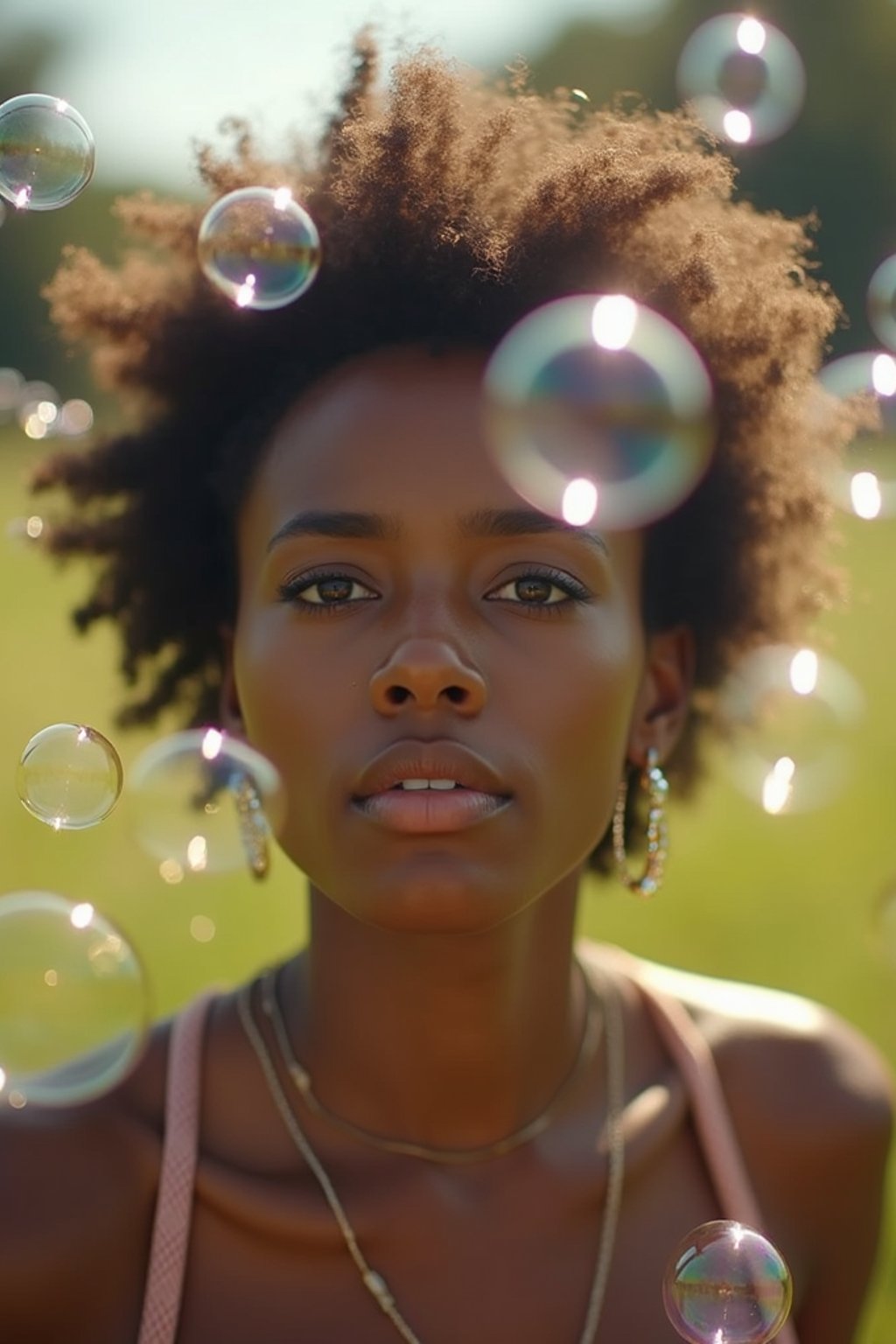 man blowing bubbles. all around her are floating bubbles. many bubbles floating. the bubbles reflect her face. she stands in a sunlit field.