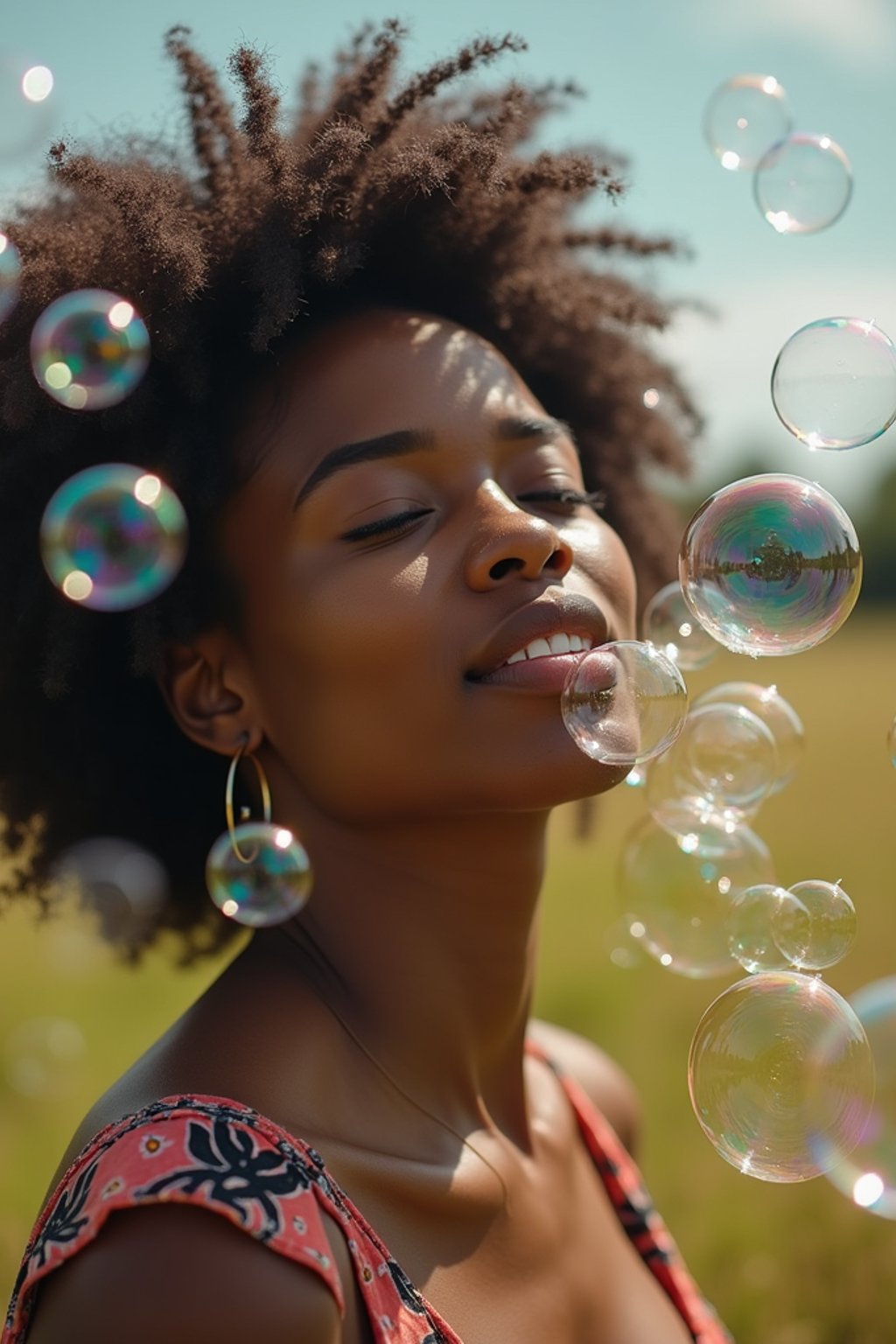 man blowing bubbles. all around her are floating bubbles. many bubbles floating. the bubbles reflect her face. she stands in a sunlit field.