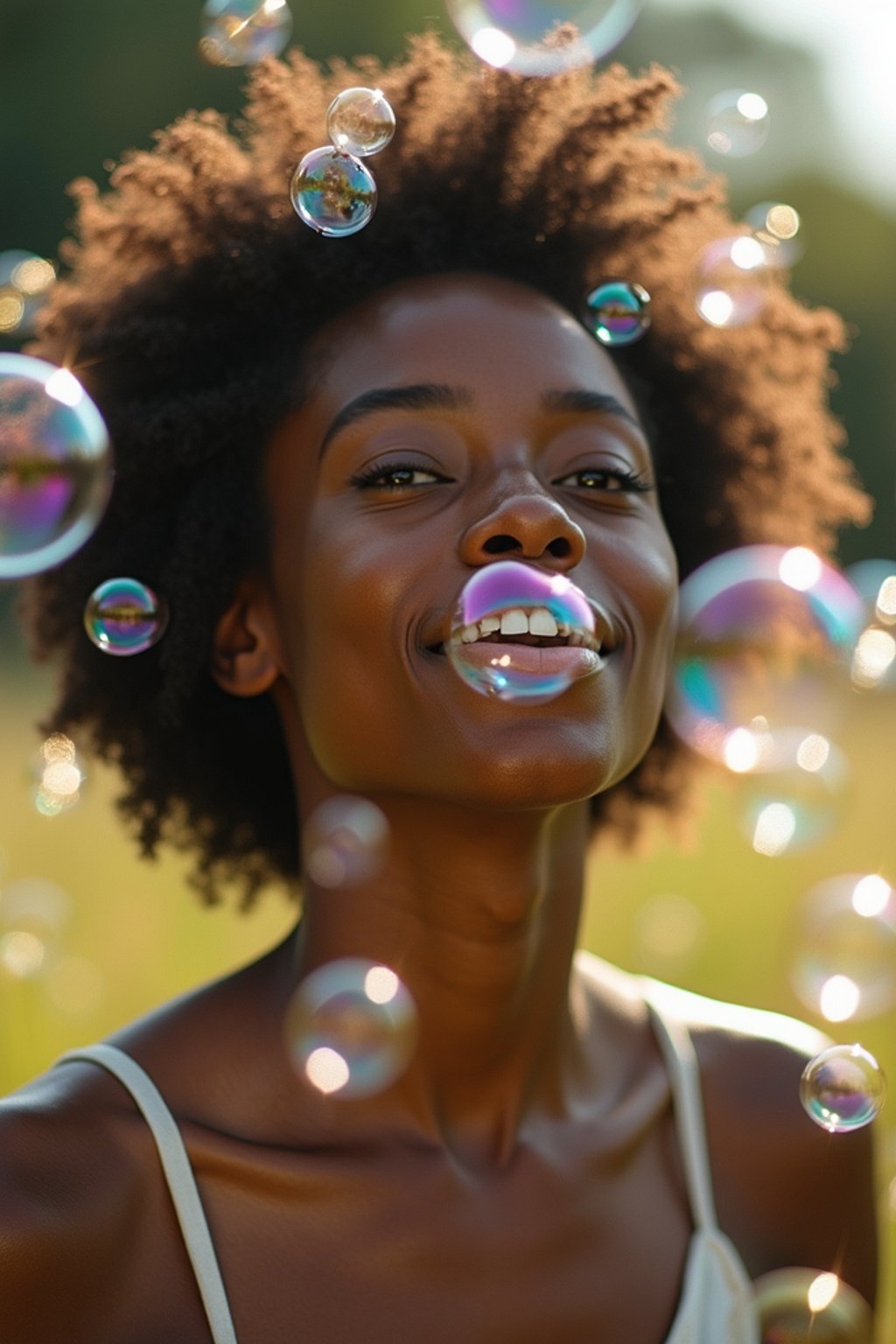 man blowing bubbles. all around her are floating bubbles. many bubbles floating. the bubbles reflect her face. she stands in a sunlit field.