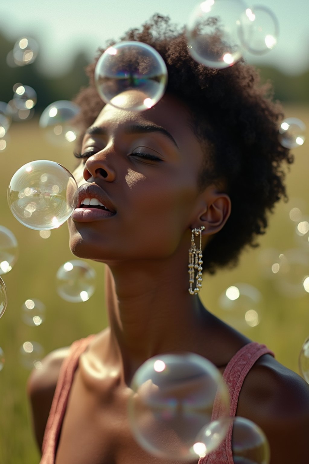 man blowing bubbles. all around her are floating bubbles. many bubbles floating. the bubbles reflect her face. she stands in a sunlit field.