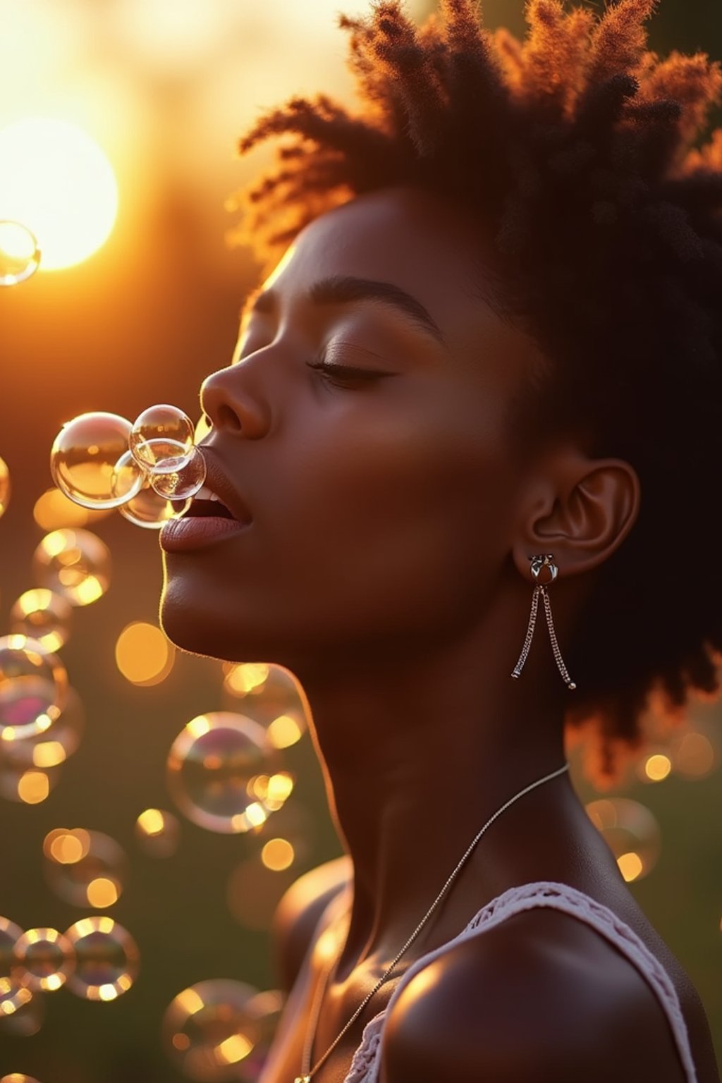 man blowing bubbles. all around her are floating bubbles. many bubbles floating. the bubbles reflect her face. it is golden hour at sunset.