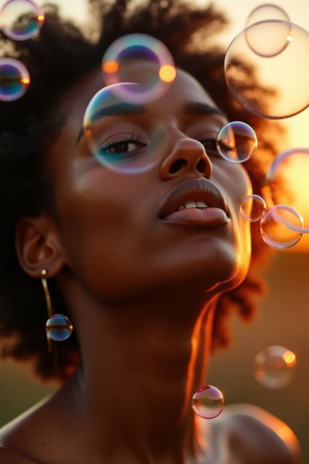 man blowing bubbles. all around her are floating bubbles. many bubbles floating. the bubbles reflect her face. it is golden hour at sunset.