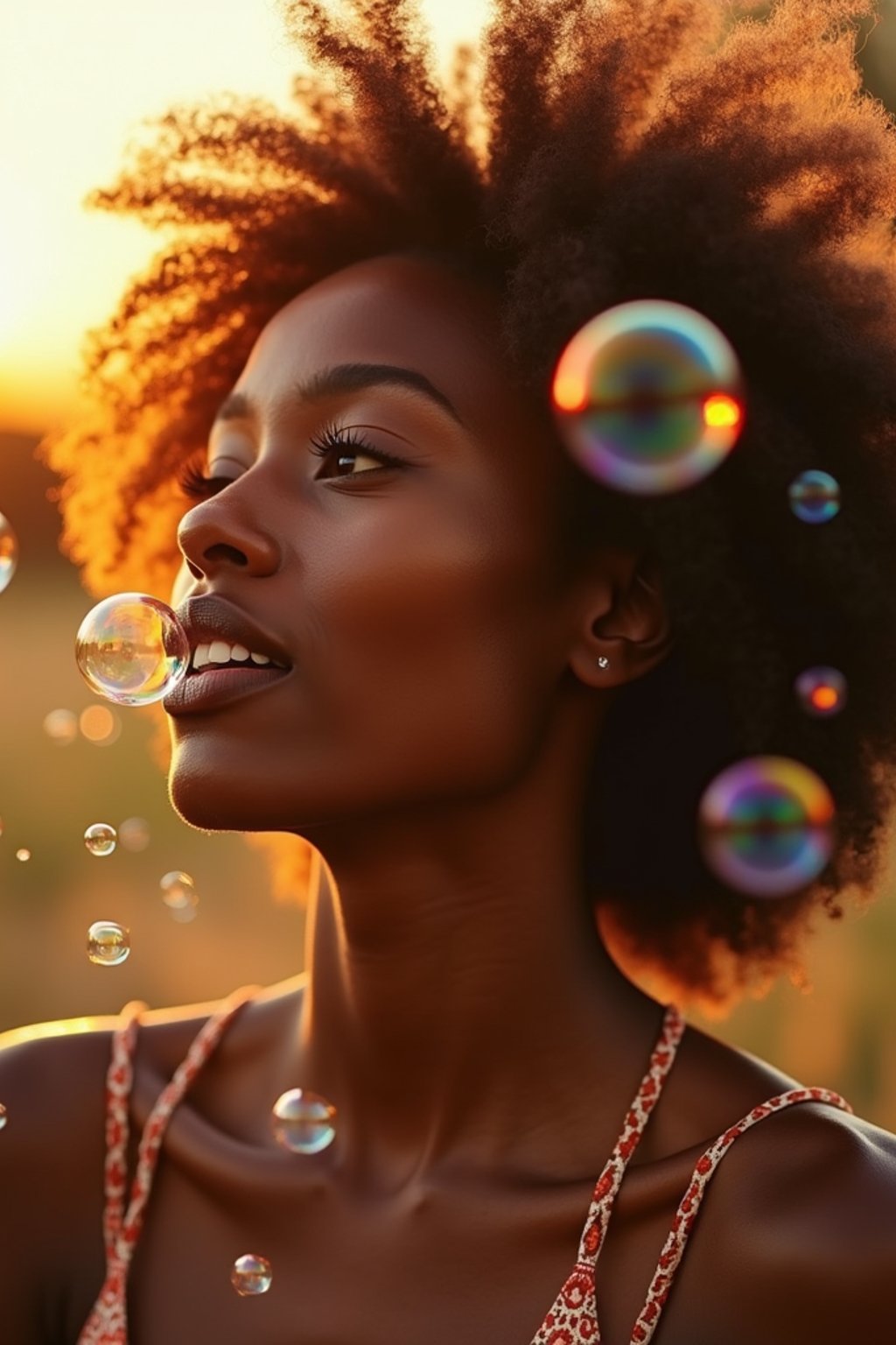 man blowing bubbles. all around her are floating bubbles. many bubbles floating. the bubbles reflect her face. it is golden hour at sunset.