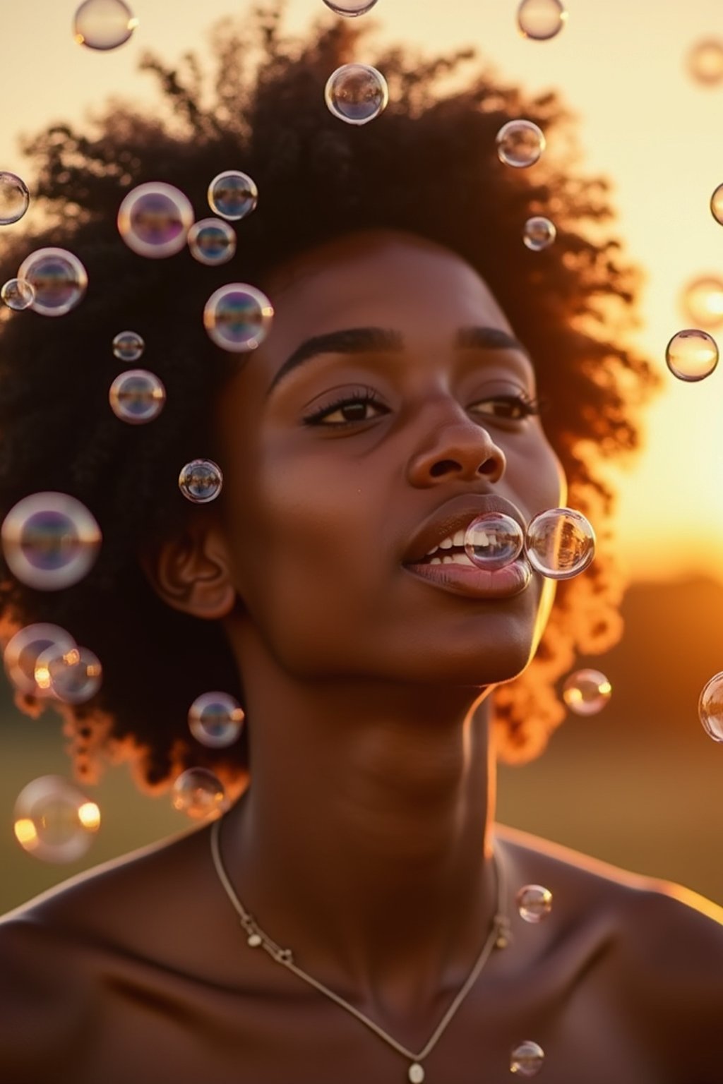 man blowing bubbles. all around her are floating bubbles. many bubbles floating. the bubbles reflect her face. it is golden hour at sunset.