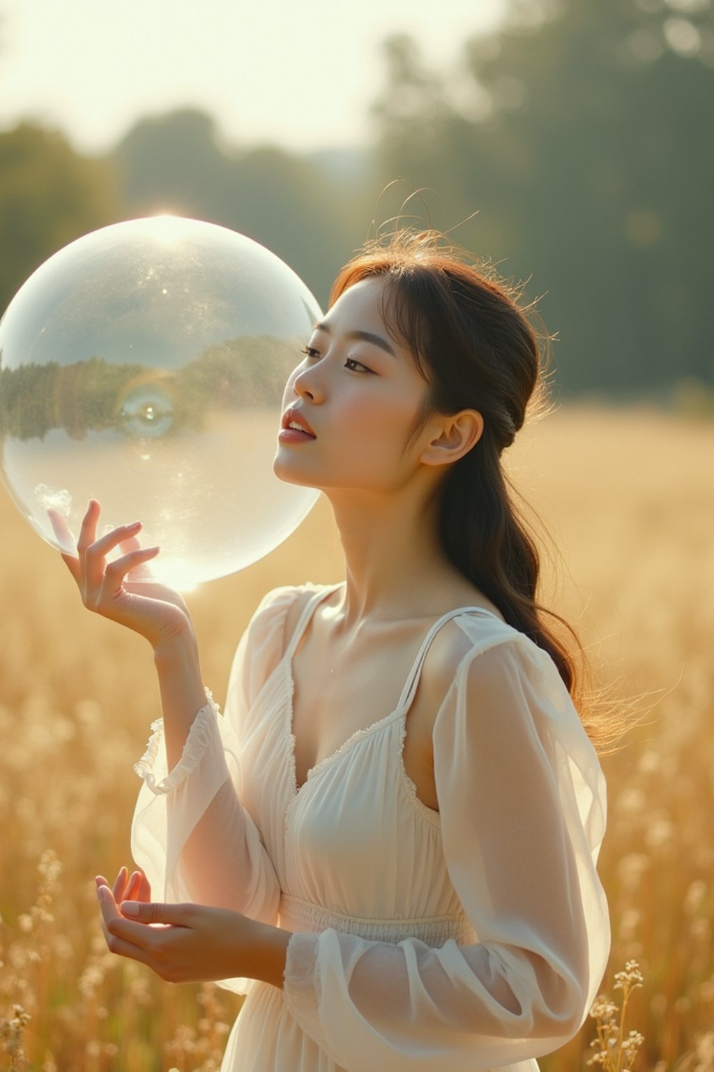 woman holding a giant soap bubble in a sunlit field