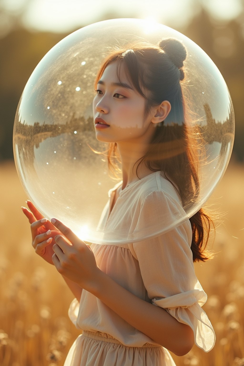 woman holding a giant soap bubble in a sunlit field