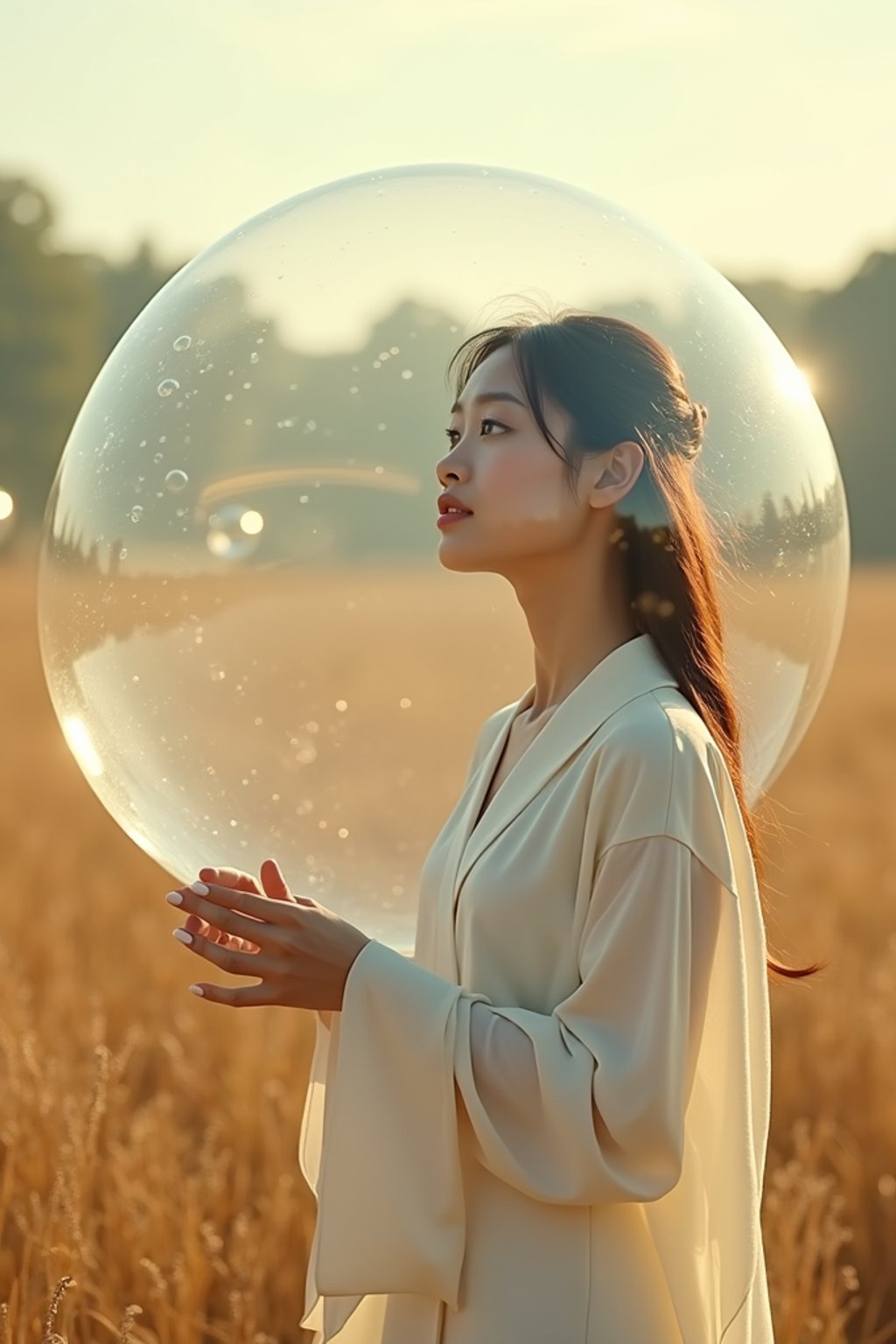 woman holding a giant soap bubble in a sunlit field