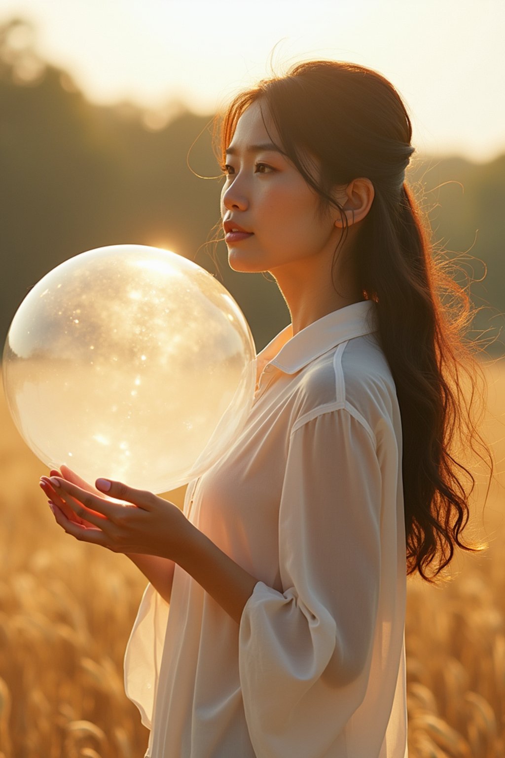 woman holding a giant soap bubble in a sunlit field