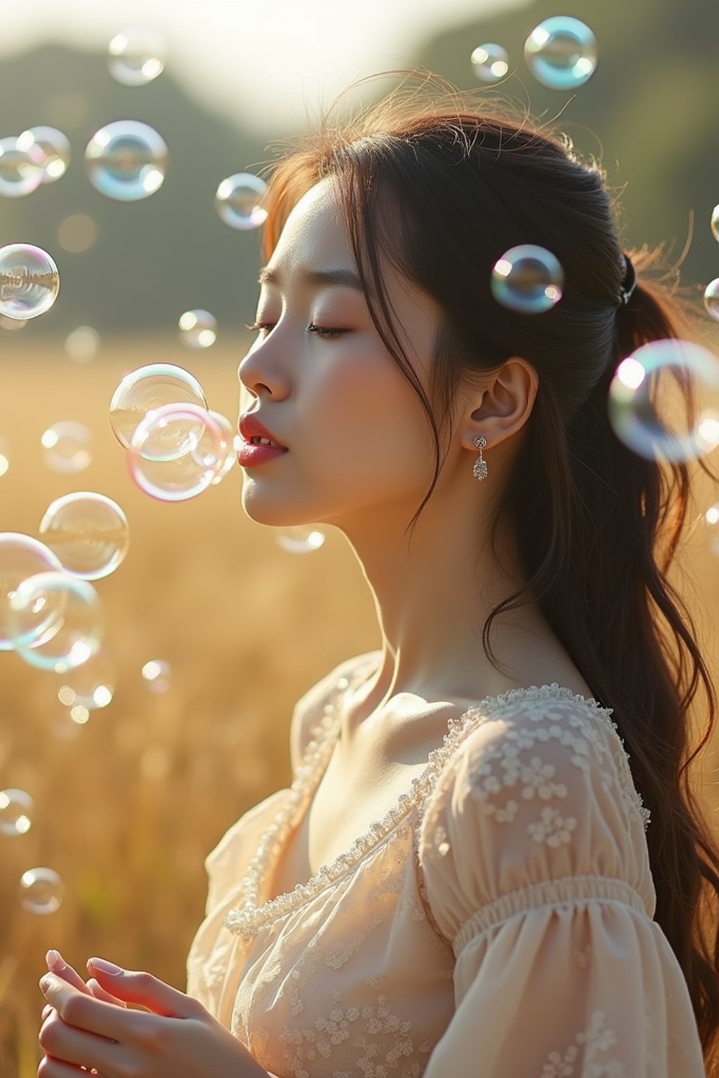 woman blowing bubbles. all around her are floating bubbles. many bubbles floating. the bubbles reflect her face. she stands in a sunlit field.