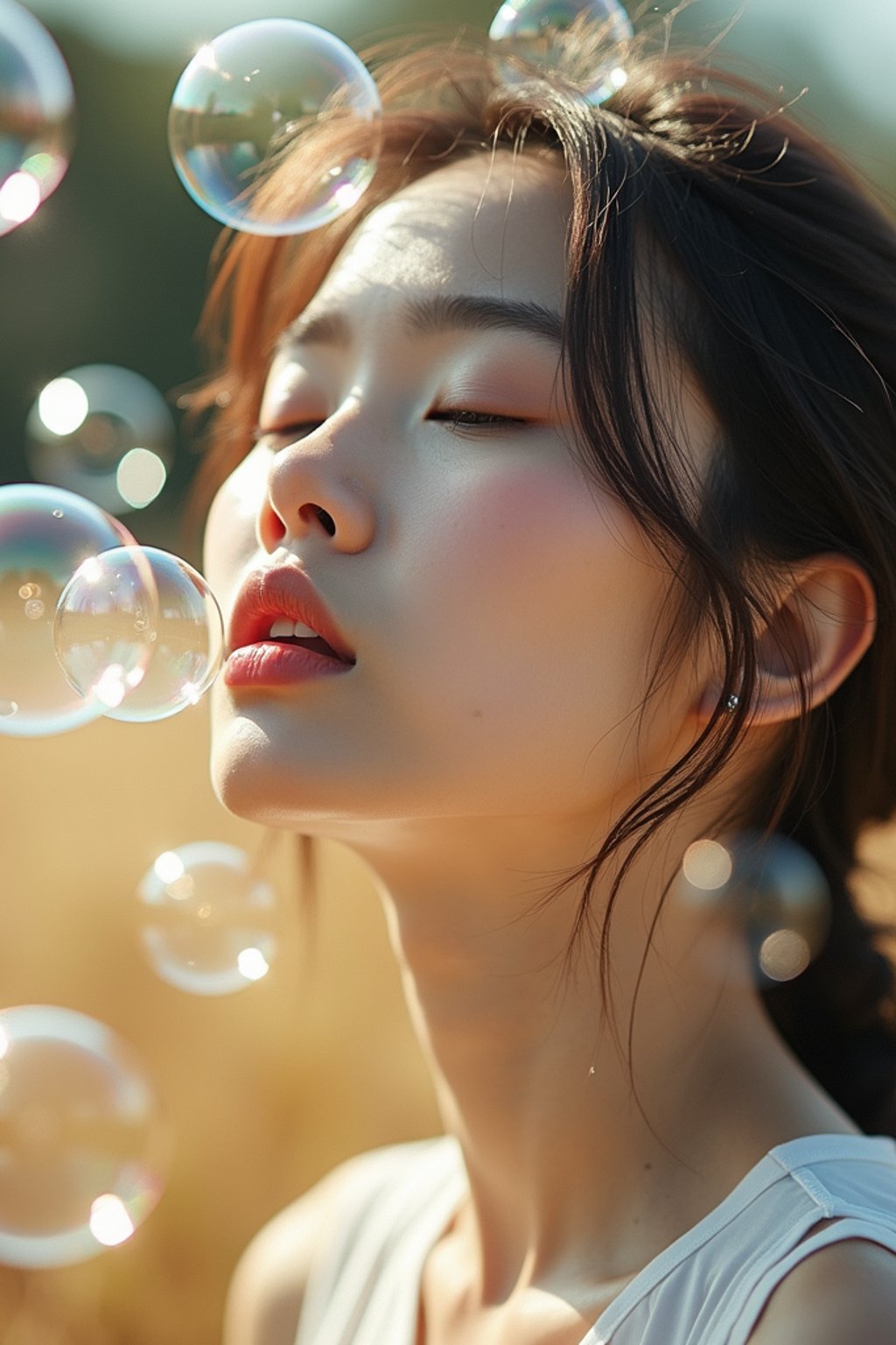 woman blowing bubbles. all around her are floating bubbles. many bubbles floating. the bubbles reflect her face. she stands in a sunlit field.