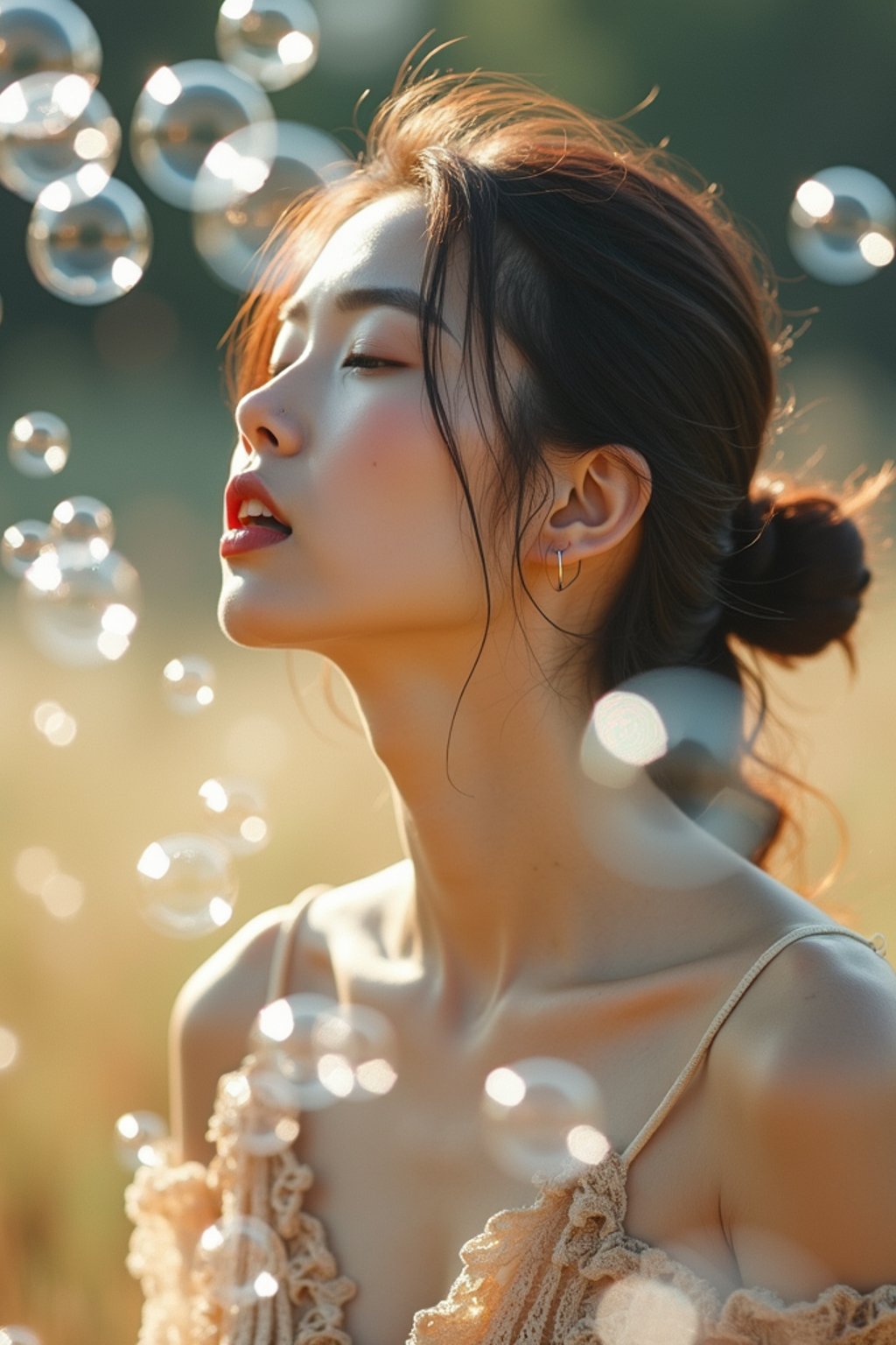 woman blowing bubbles. all around her are floating bubbles. many bubbles floating. the bubbles reflect her face. she stands in a sunlit field.