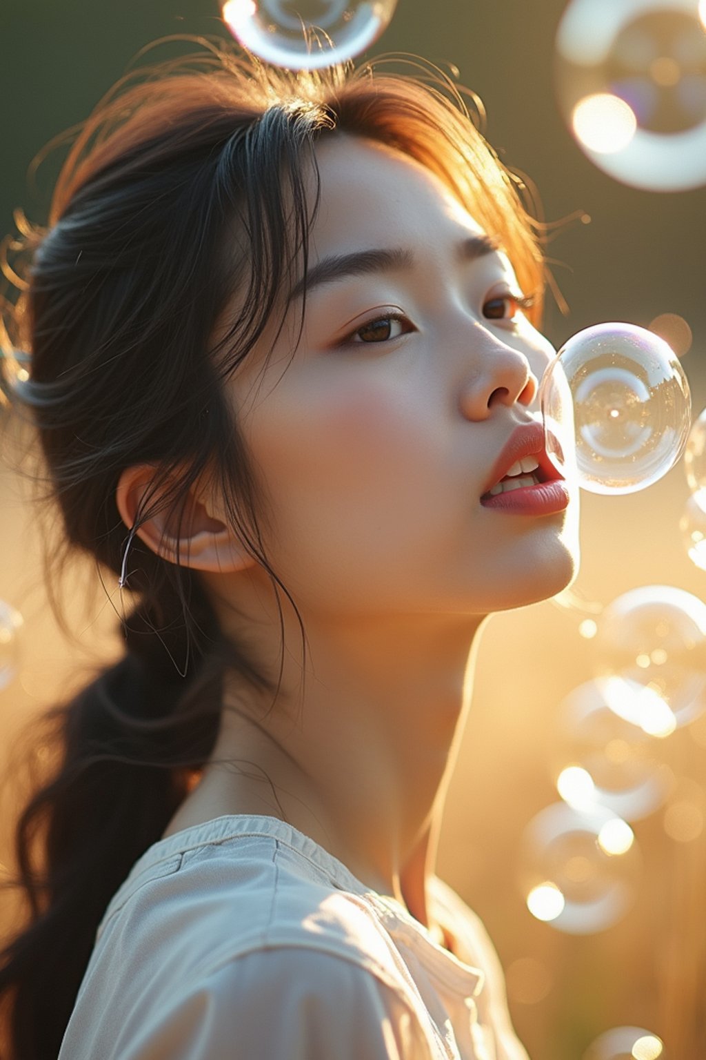 woman blowing bubbles. all around her are floating bubbles. many bubbles floating. the bubbles reflect her face. she stands in a sunlit field.