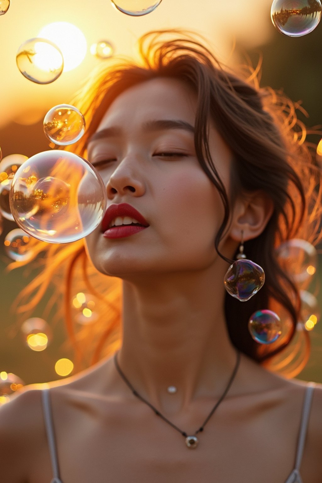 woman blowing bubbles. all around her are floating bubbles. many bubbles floating. the bubbles reflect her face. it is golden hour at sunset.