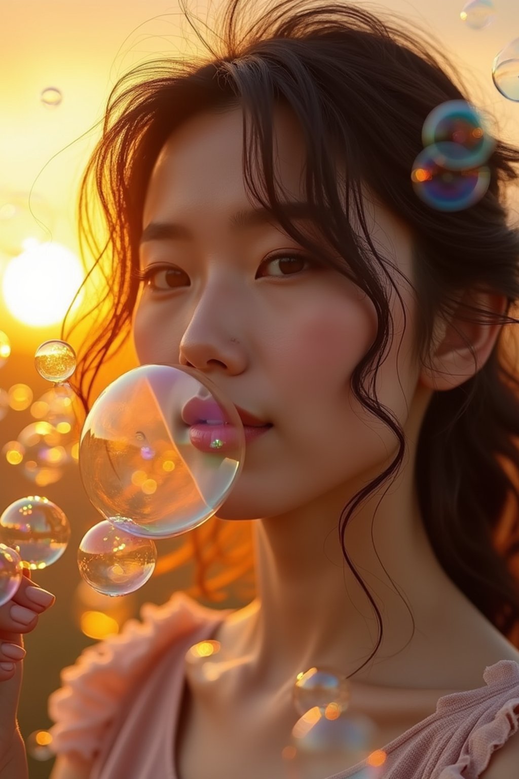 woman blowing bubbles. all around her are floating bubbles. many bubbles floating. the bubbles reflect her face. it is golden hour at sunset.