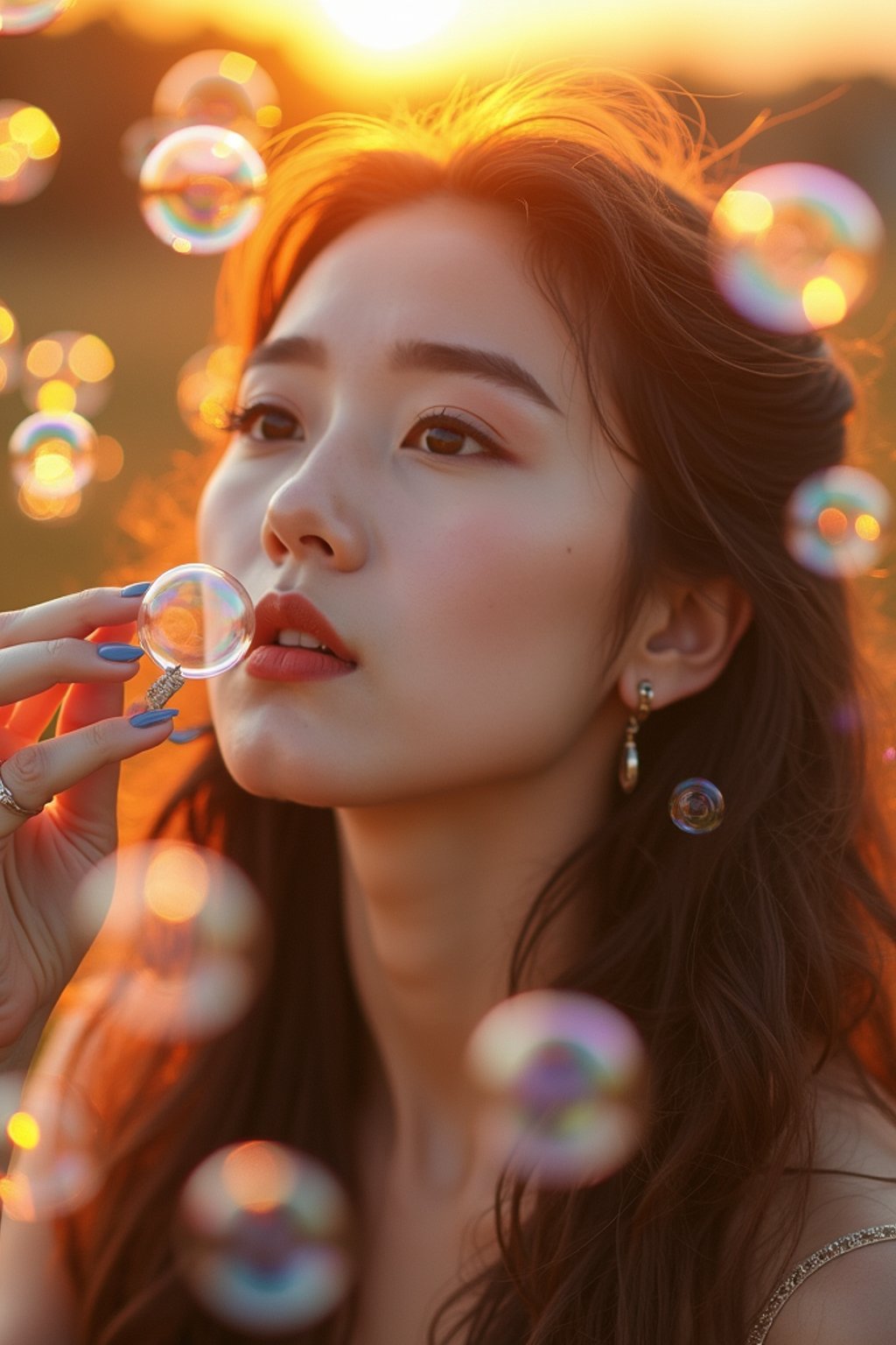 woman blowing bubbles. all around her are floating bubbles. many bubbles floating. the bubbles reflect her face. it is golden hour at sunset.