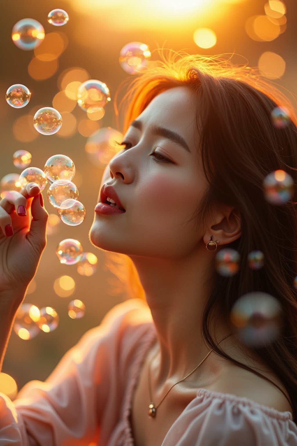 woman blowing bubbles. all around her are floating bubbles. many bubbles floating. the bubbles reflect her face. it is golden hour at sunset.