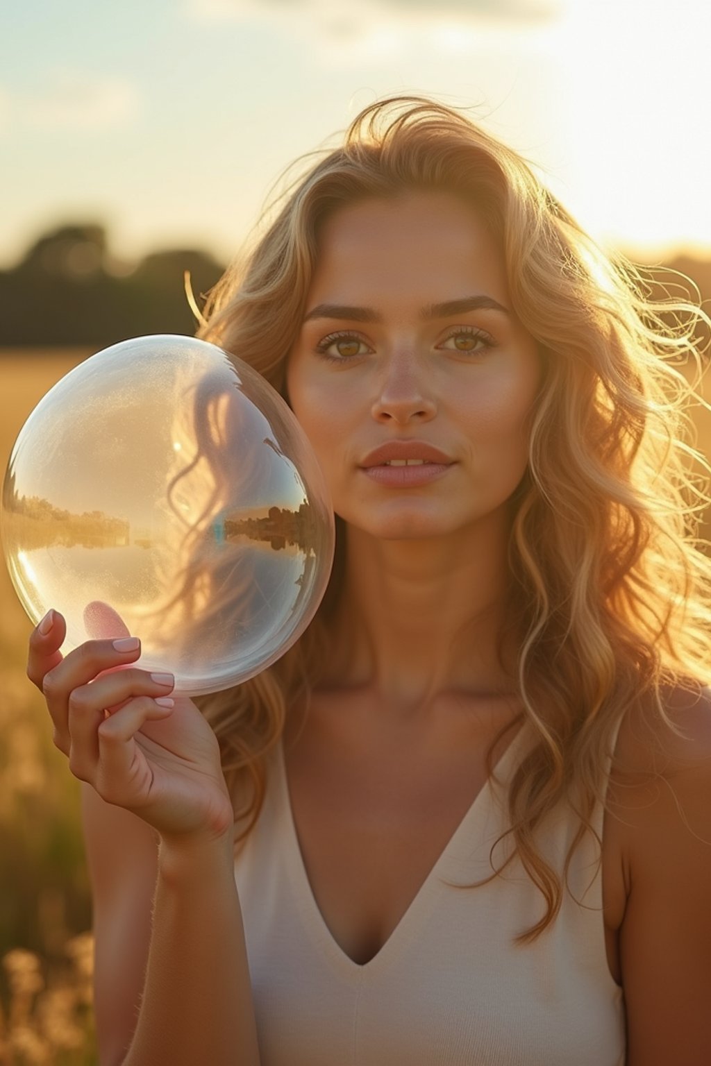 woman holding a giant soap bubble in a sunlit field