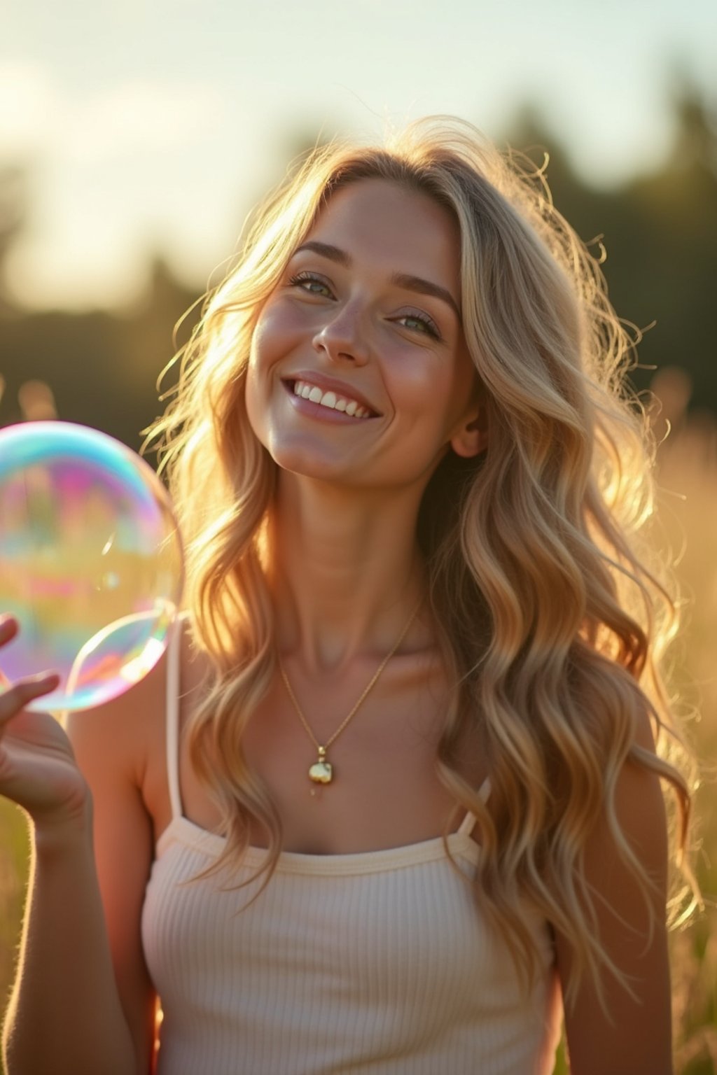 woman holding a giant soap bubble in a sunlit field