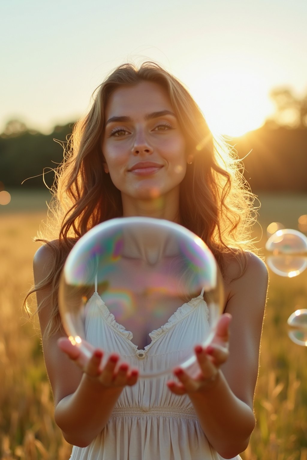 woman holding a giant soap bubble in a sunlit field