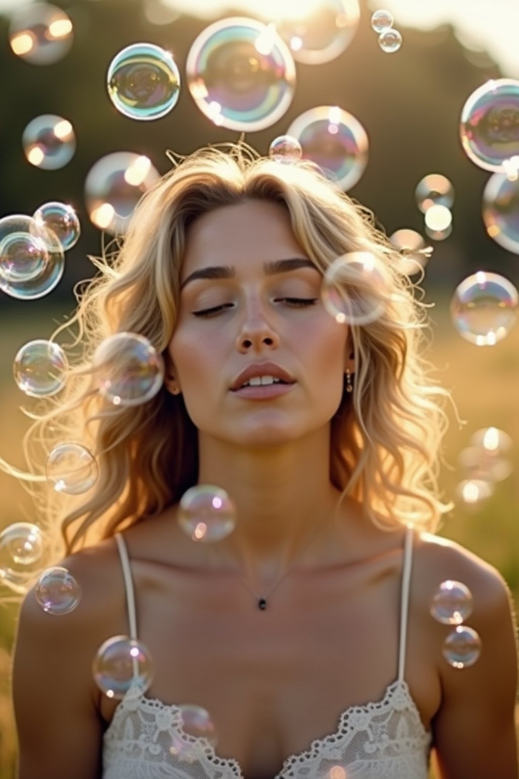 woman blowing bubbles. all around her are floating bubbles. many bubbles floating. the bubbles reflect her face. she stands in a sunlit field.