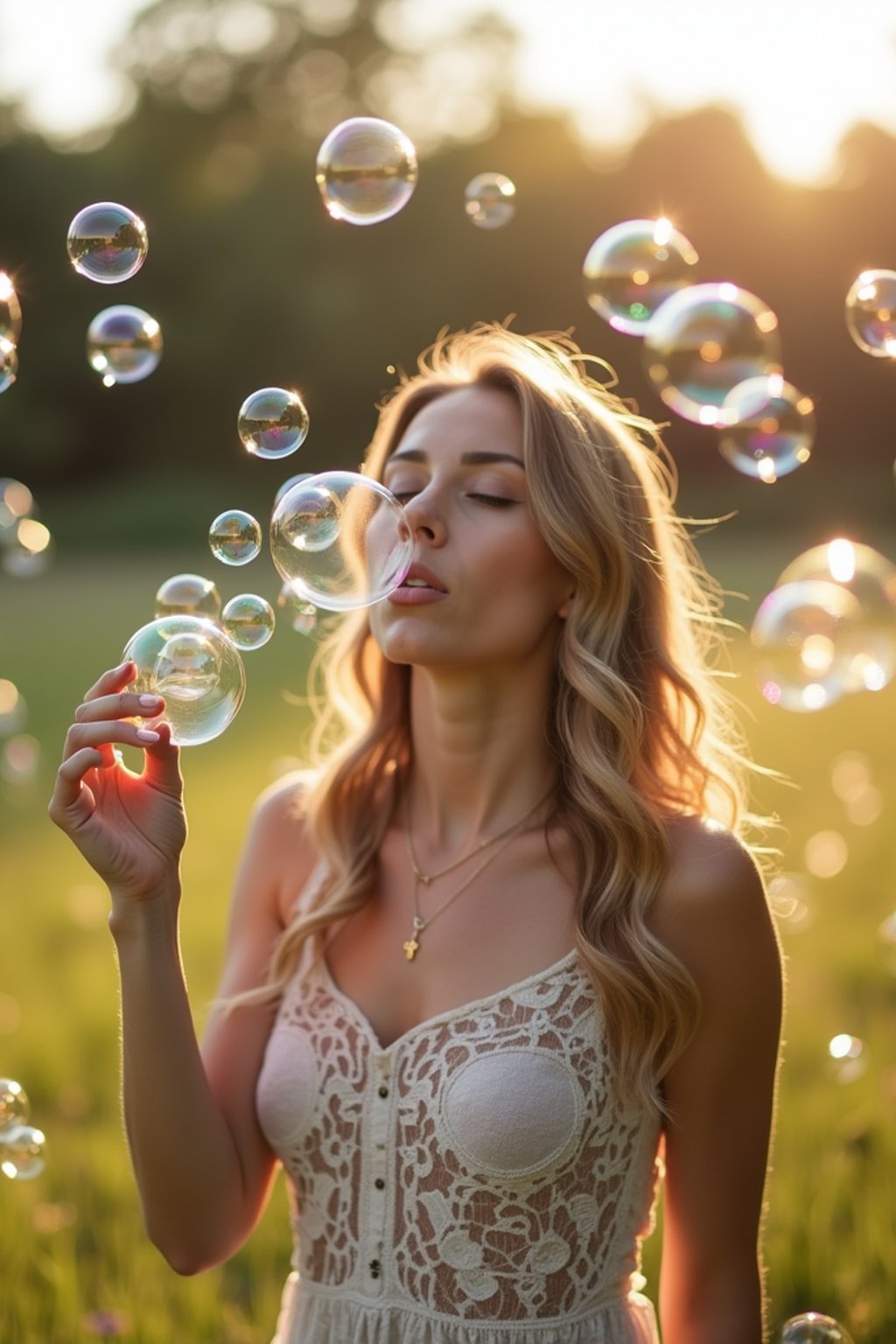 woman blowing bubbles. all around her are floating bubbles. many bubbles floating. the bubbles reflect her face. she stands in a sunlit field.