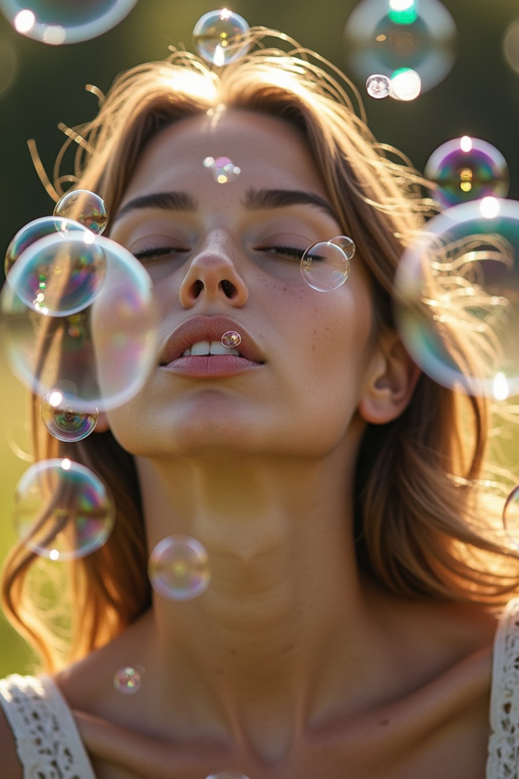 woman blowing bubbles. all around her are floating bubbles. many bubbles floating. the bubbles reflect her face. she stands in a sunlit field.