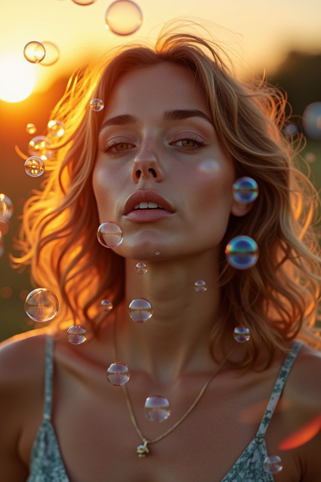 woman blowing bubbles. all around her are floating bubbles. many bubbles floating. the bubbles reflect her face. it is golden hour at sunset.