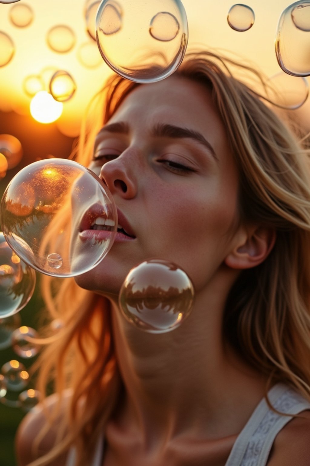 woman blowing bubbles. all around her are floating bubbles. many bubbles floating. the bubbles reflect her face. it is golden hour at sunset.