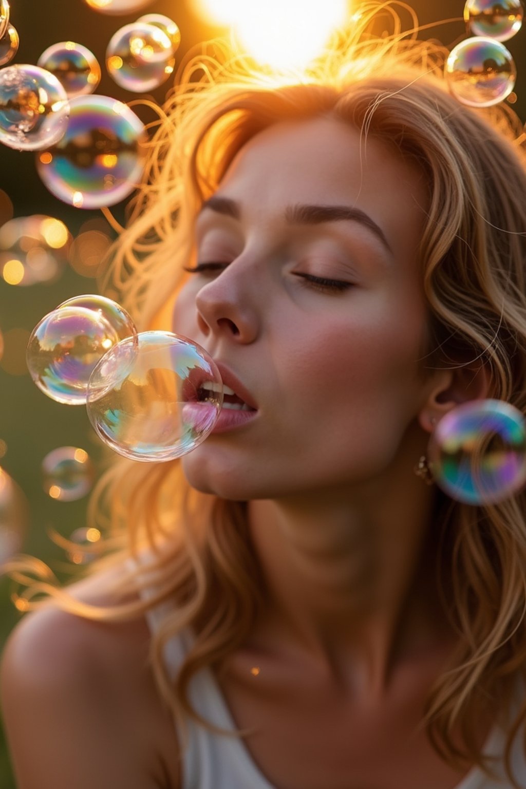 woman blowing bubbles. all around her are floating bubbles. many bubbles floating. the bubbles reflect her face. it is golden hour at sunset.