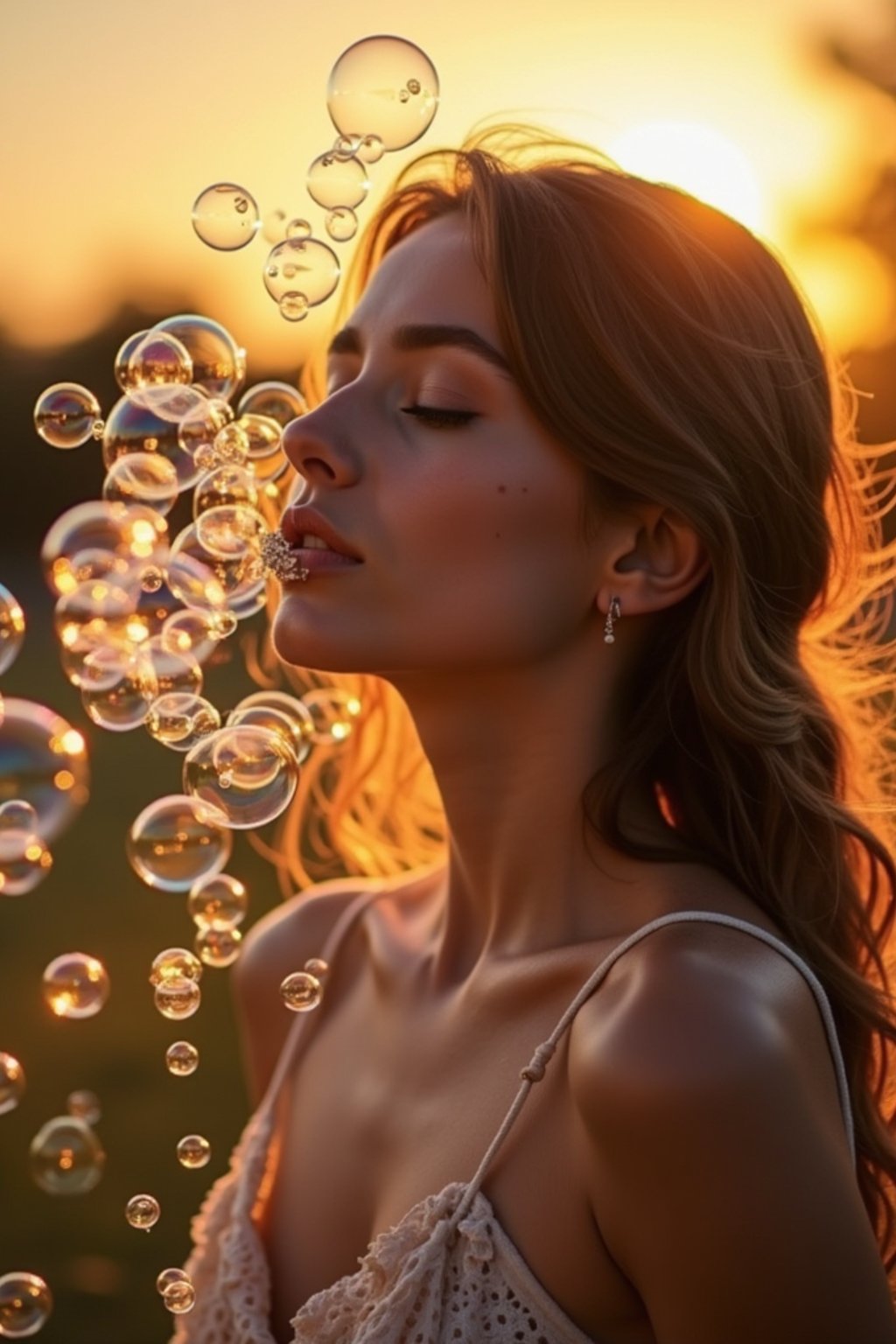 woman blowing bubbles. all around her are floating bubbles. many bubbles floating. the bubbles reflect her face. it is golden hour at sunset.