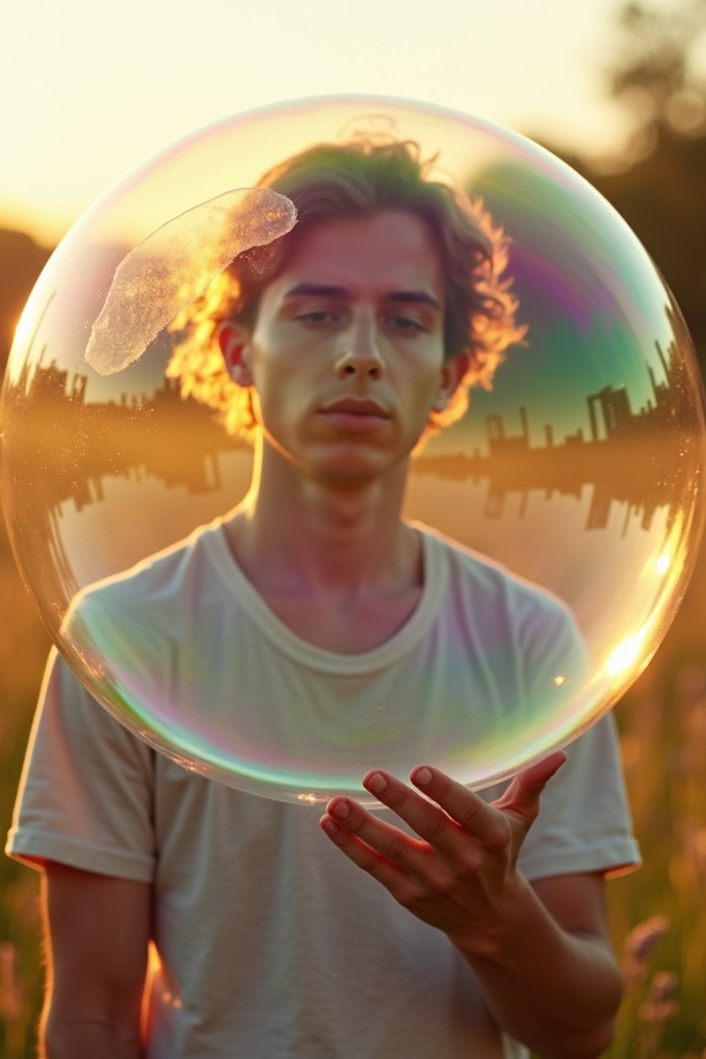 man holding a giant soap bubble in a sunlit field