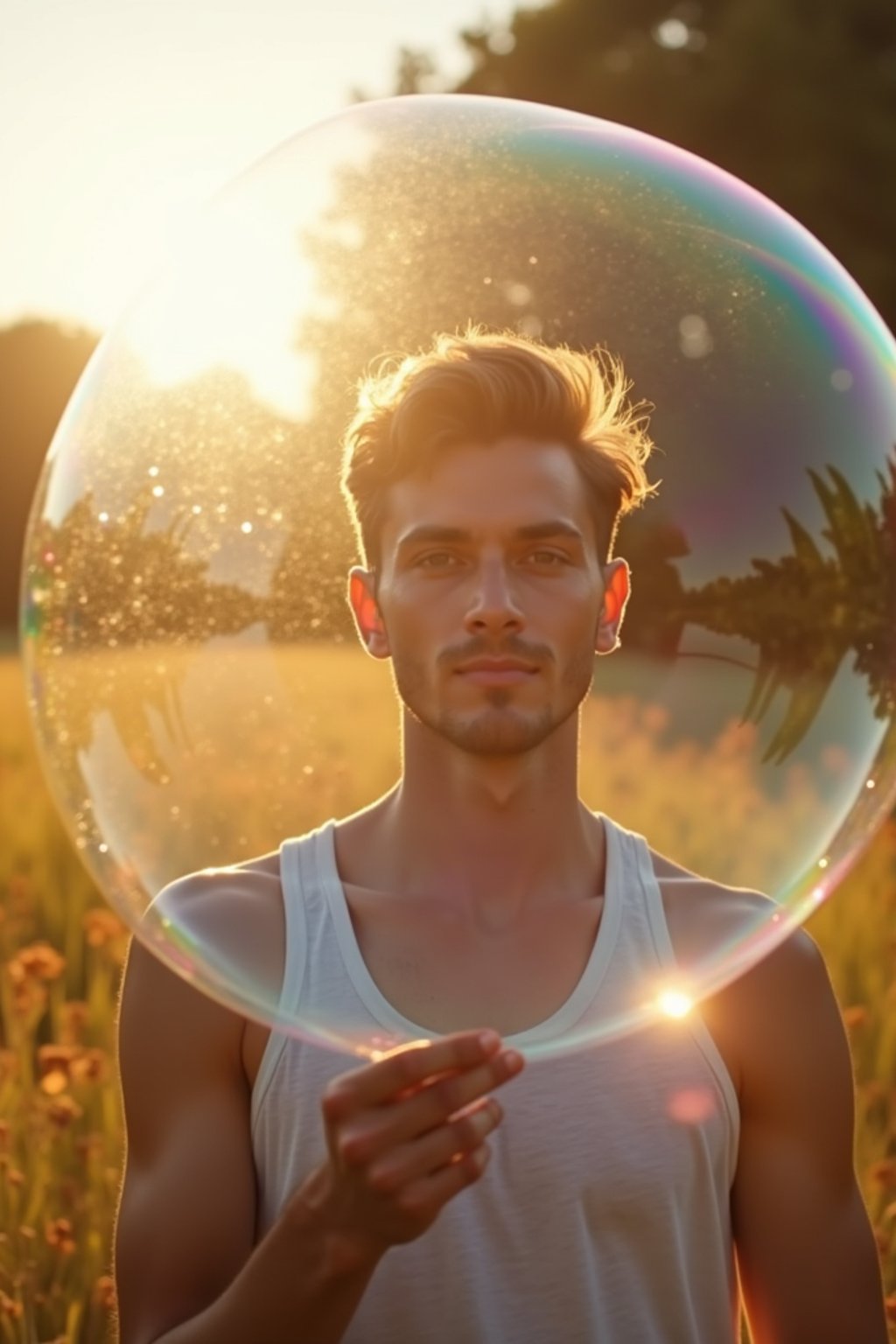 man holding a giant soap bubble in a sunlit field