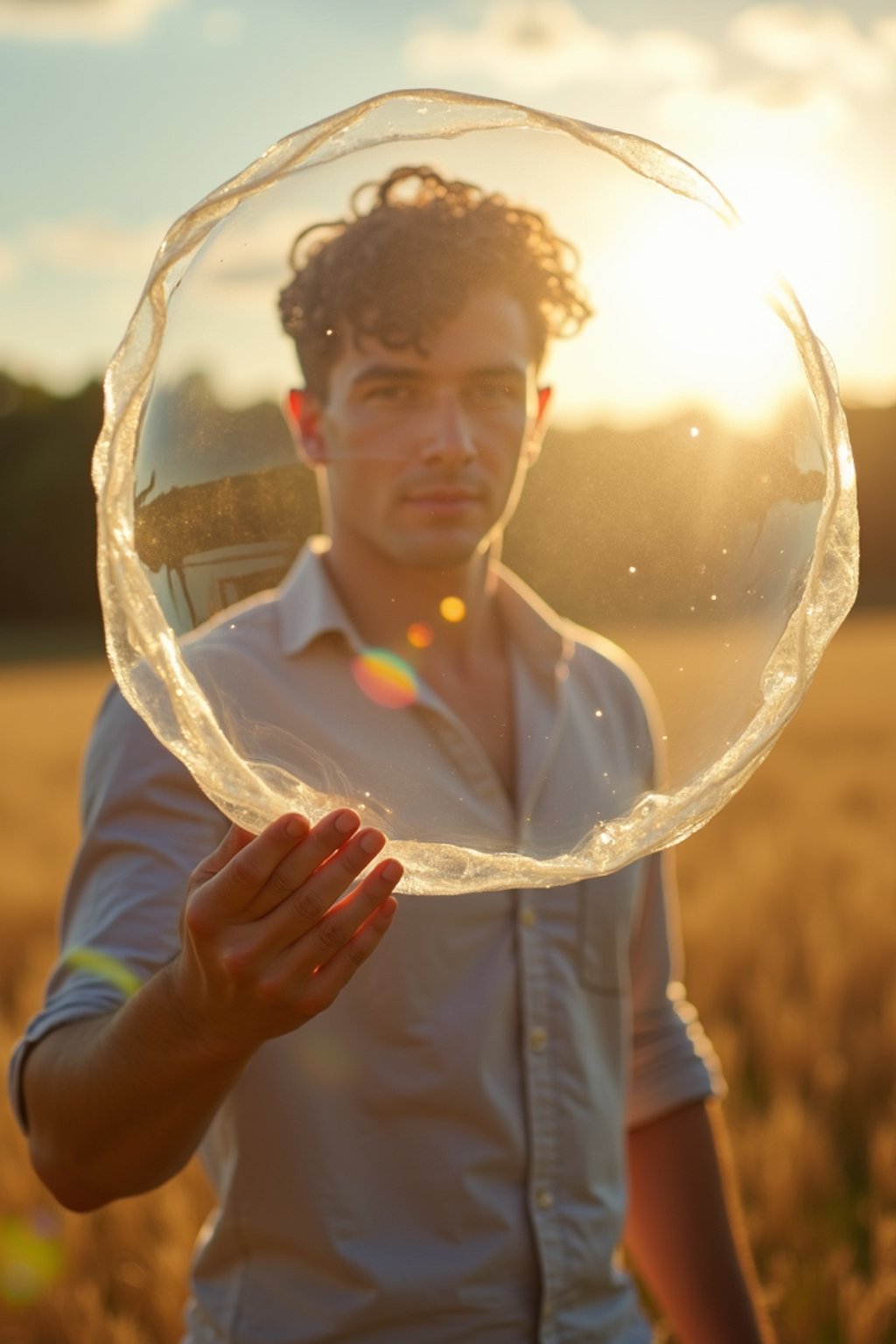 man holding a giant soap bubble in a sunlit field