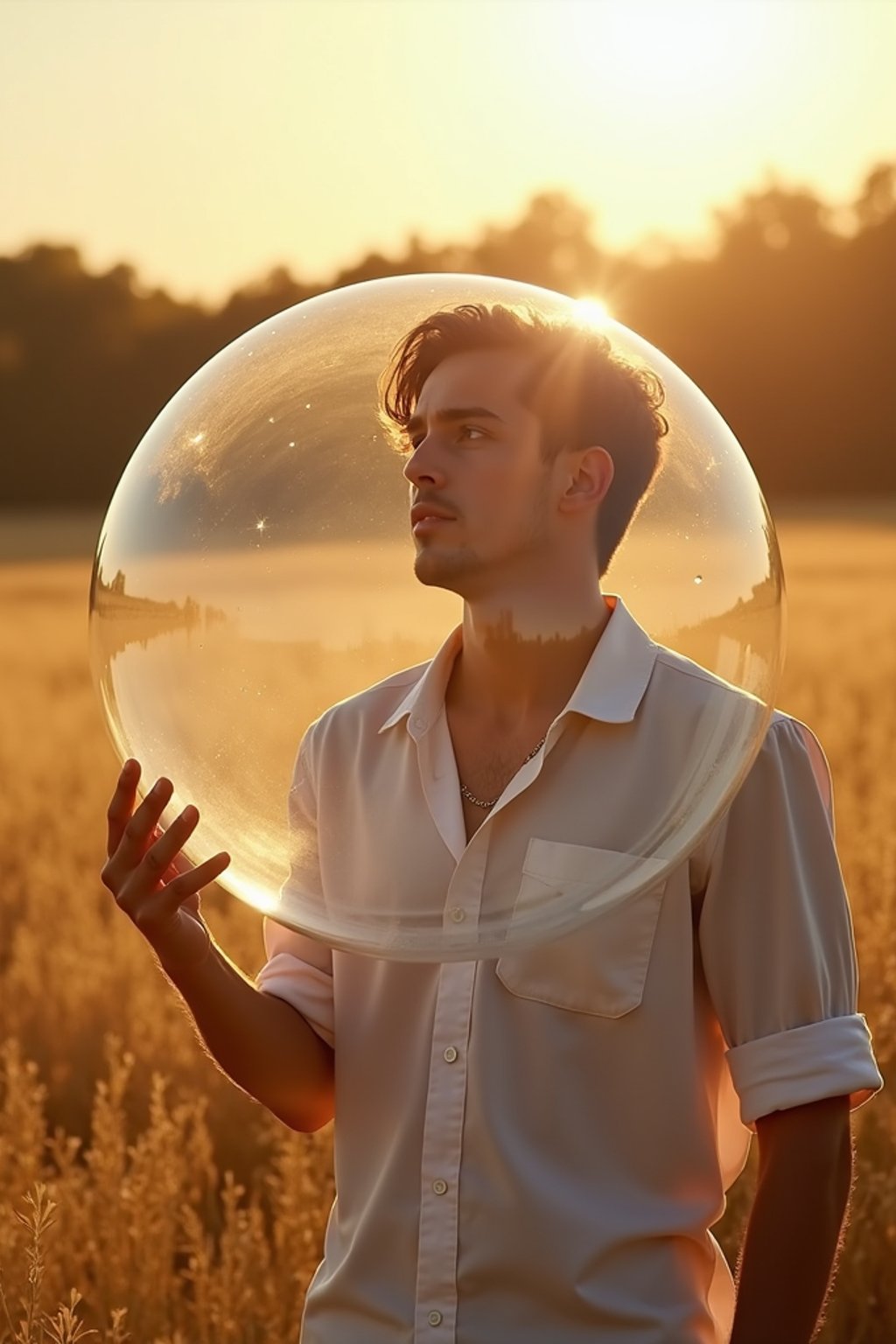 man holding a giant soap bubble in a sunlit field