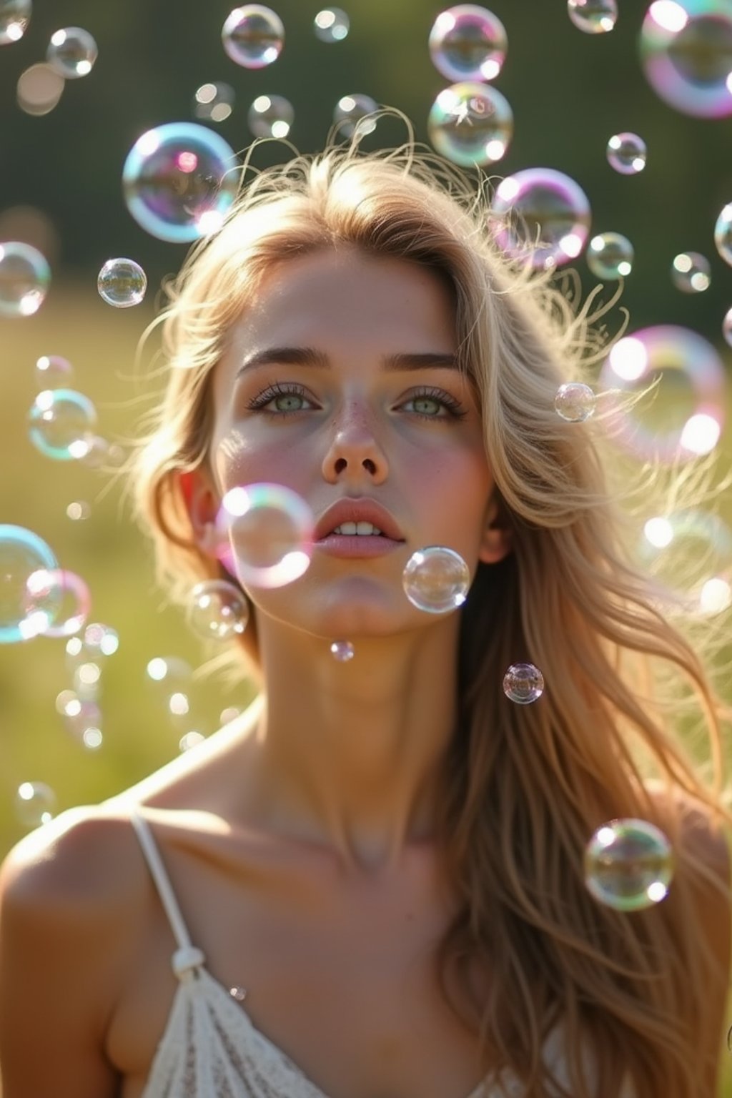 man blowing bubbles. all around her are floating bubbles. many bubbles floating. the bubbles reflect her face. she stands in a sunlit field.