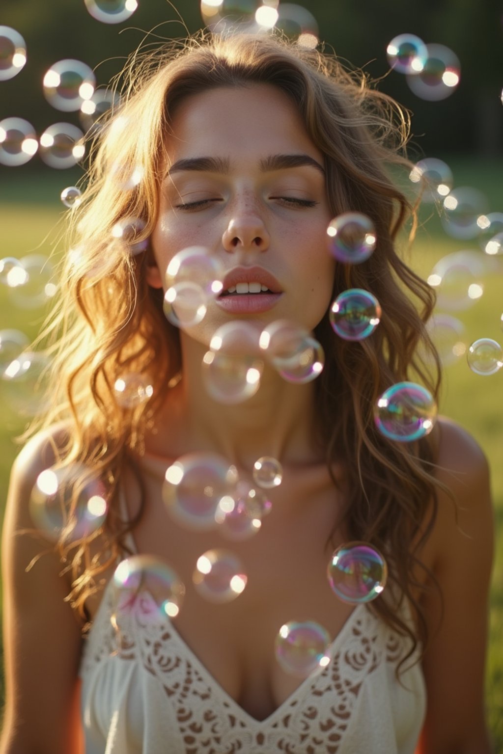 man blowing bubbles. all around her are floating bubbles. many bubbles floating. the bubbles reflect her face. she stands in a sunlit field.