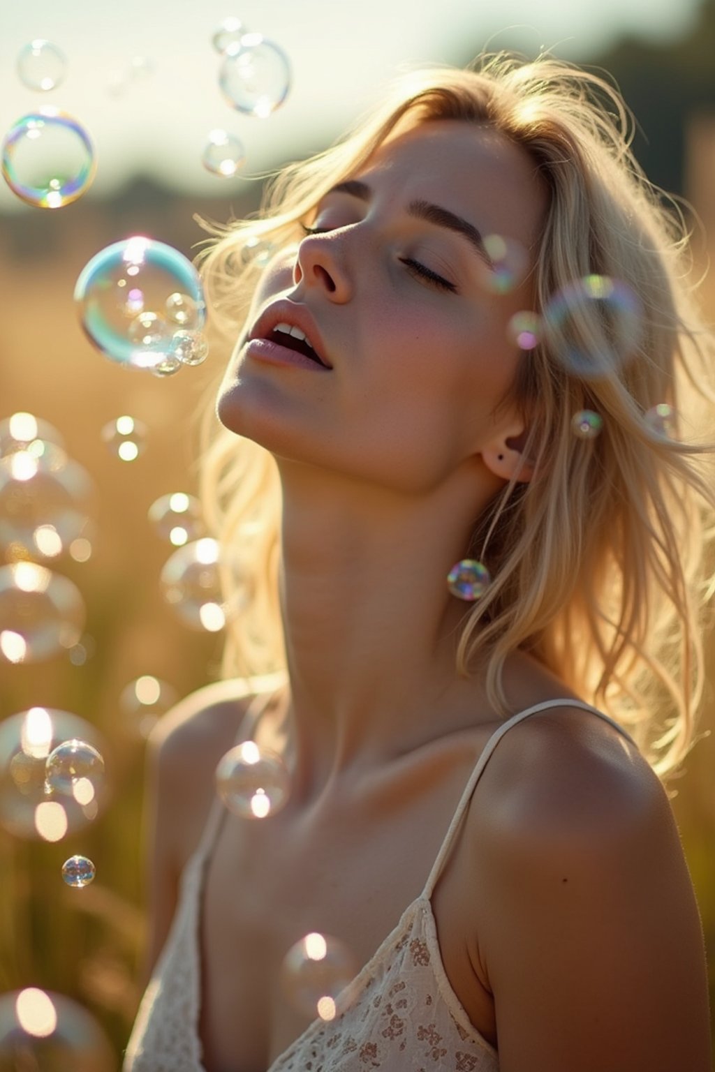 man blowing bubbles. all around her are floating bubbles. many bubbles floating. the bubbles reflect her face. she stands in a sunlit field.