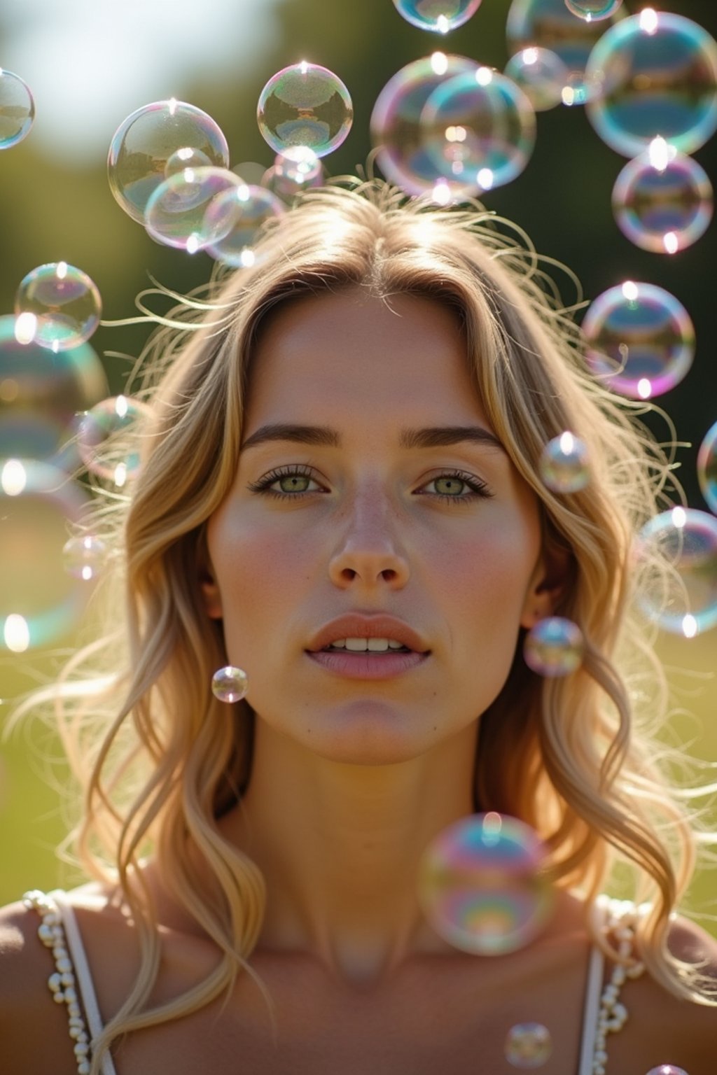 man blowing bubbles. all around her are floating bubbles. many bubbles floating. the bubbles reflect her face. she stands in a sunlit field.